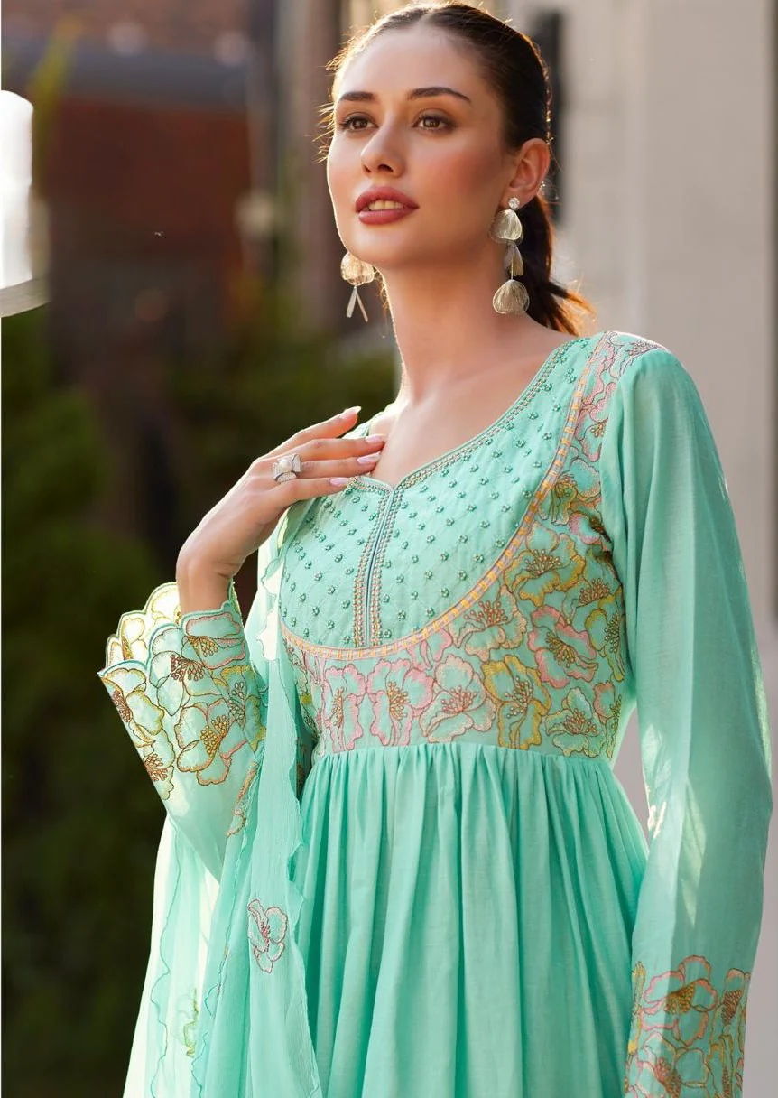 Rubina Seafoam Cotton Mul Embroidery Premium Anarkali Suit Set - Image 5