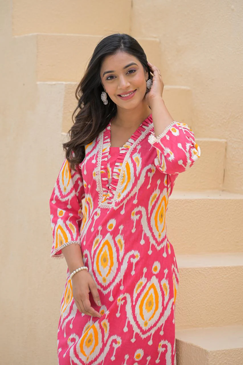 Basuri Rose Ikat Print Kurta Pant Set - Image 2