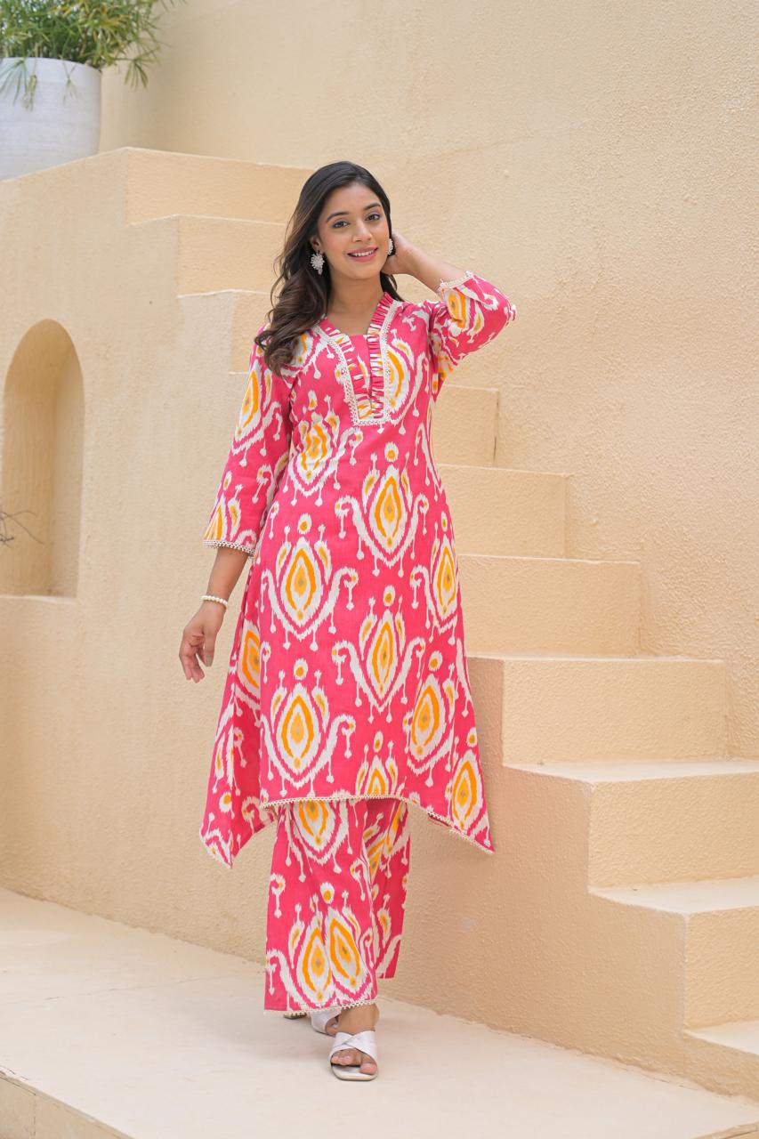 Basuri Rose Ikat Print Kurta Pant Set - Image 3
