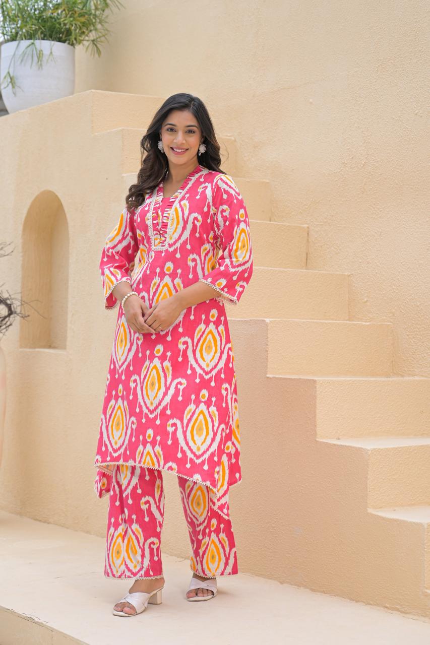 Basuri Rose Ikat Print Kurta Pant Set - Image 4