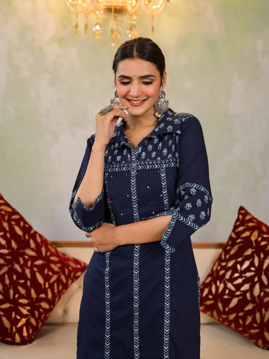 Yutika Navy Cotton Kurta Pant Set - Image 2