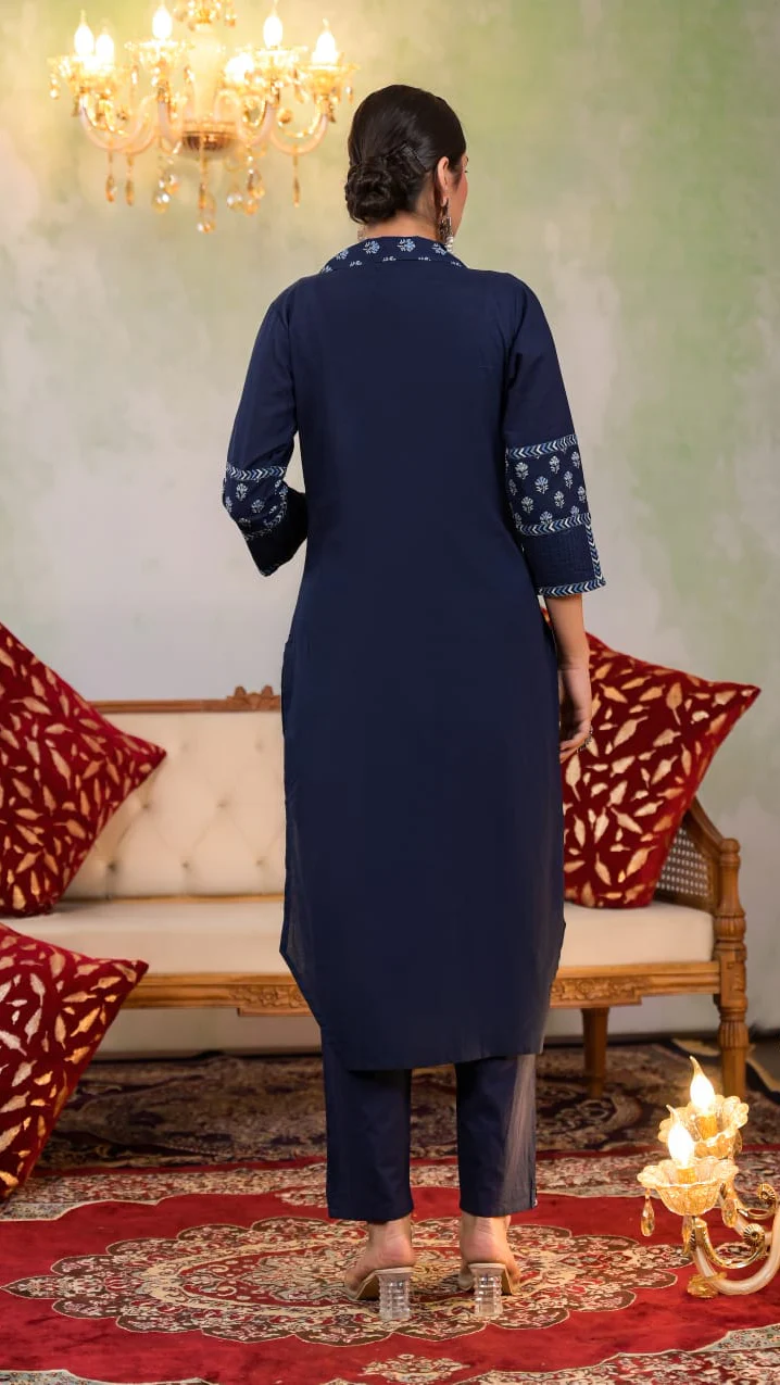 Yutika Navy Cotton Kurta Pant Set - Image 3
