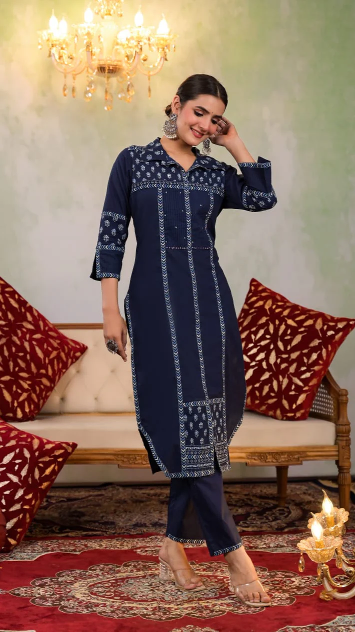 Yutika Navy Cotton Kurta Pant Set - Image 4