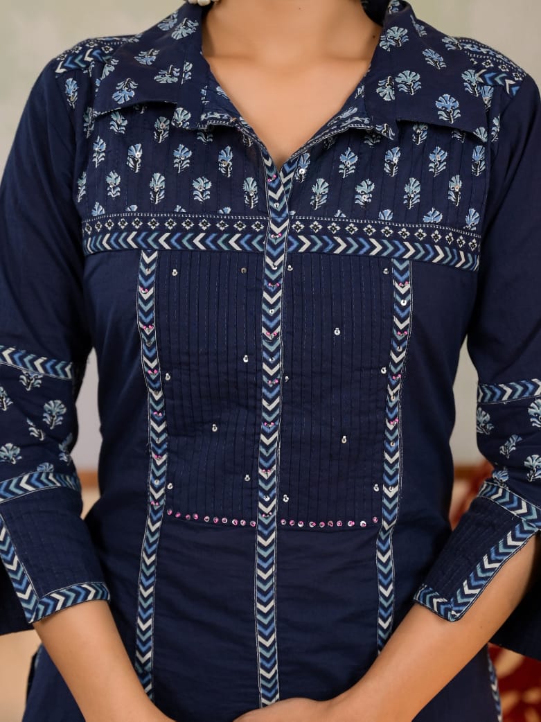 Yutika Navy Cotton Kurta Pant Set - Image 5
