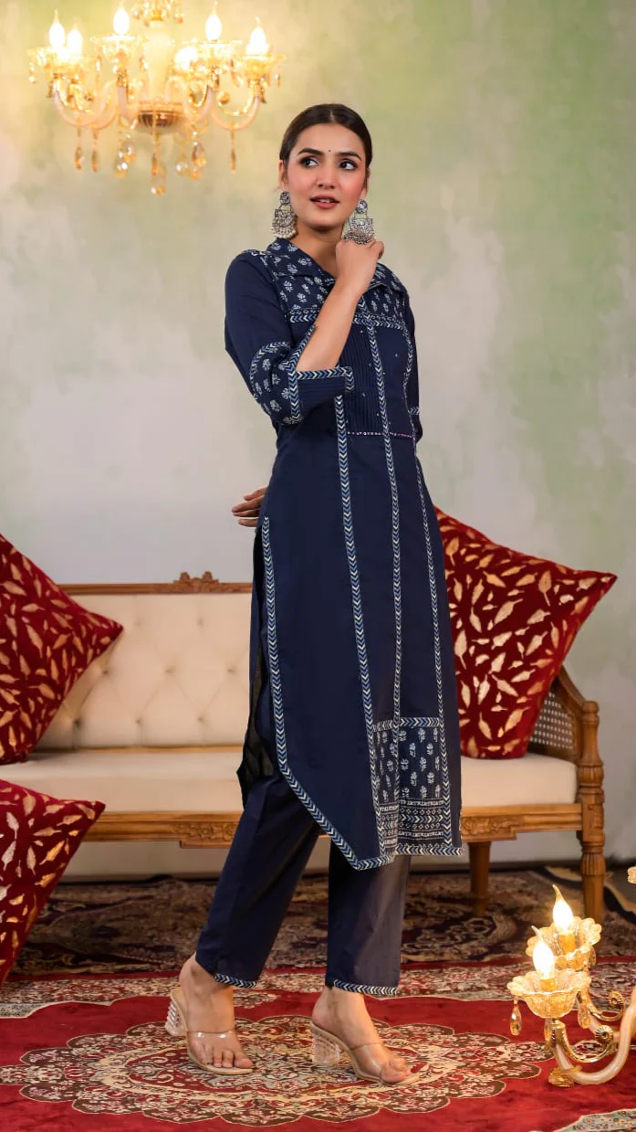 Yutika Navy Cotton Kurta Pant Set - Image 6