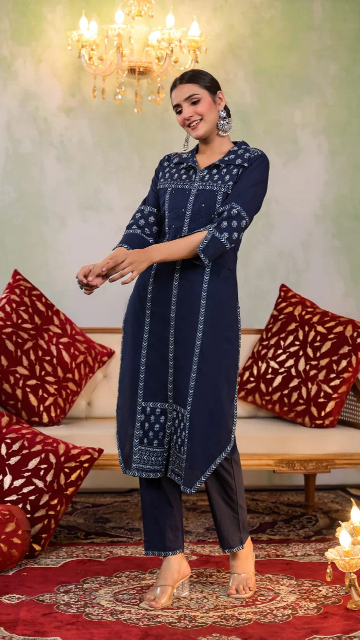 Yutika Navy Cotton Kurta Pant Set - Image 7