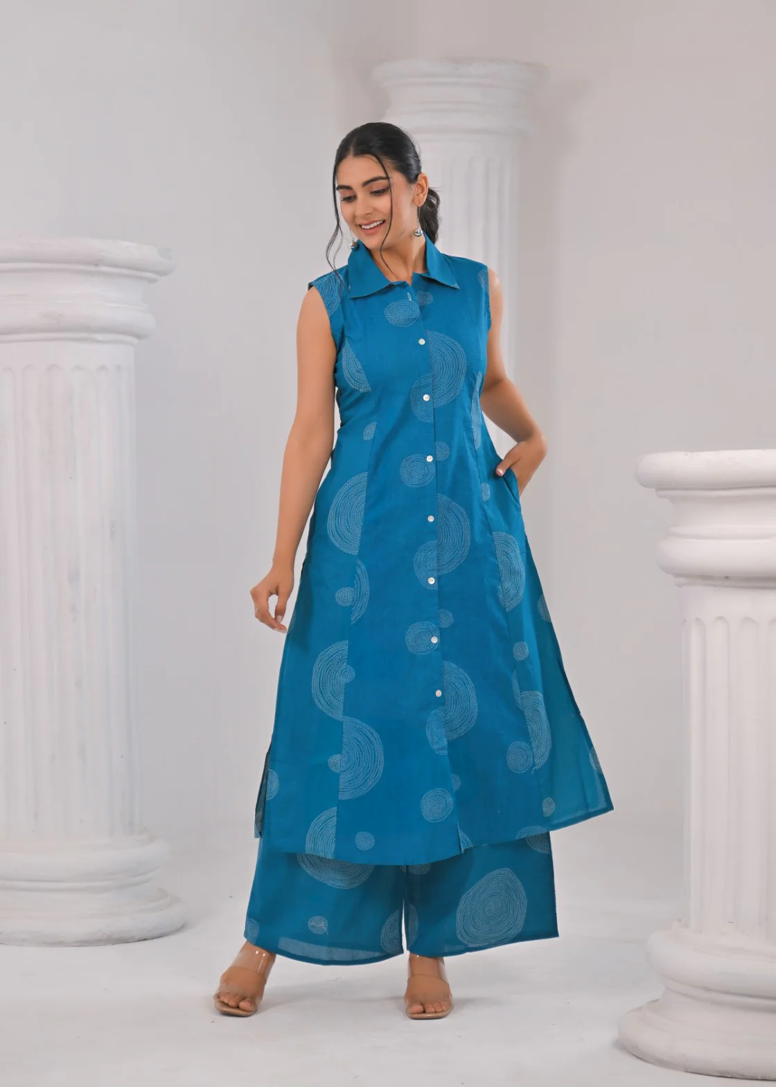 ITI TEAL COTTON KURTA PANT SET - Image 5