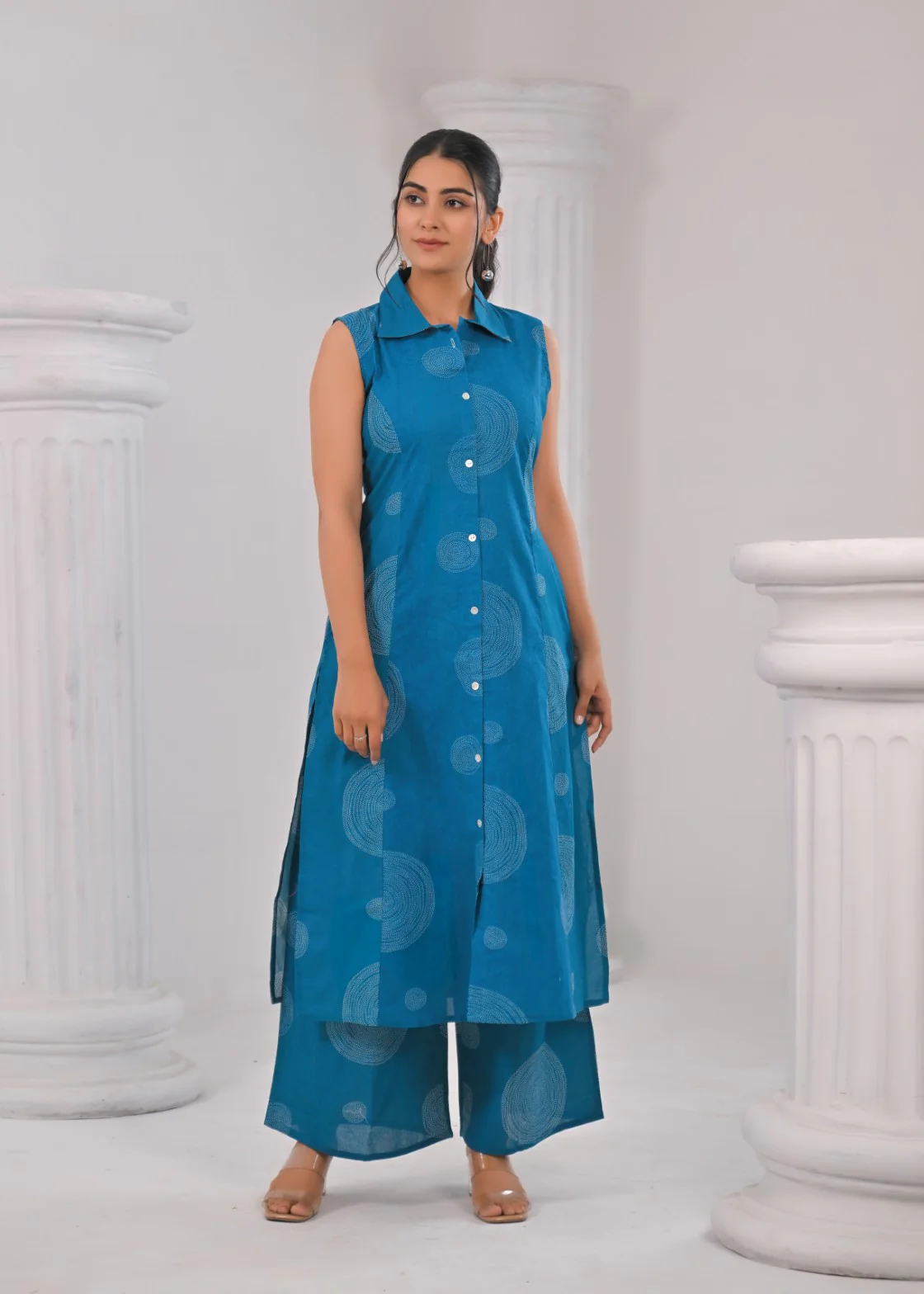 ITI TEAL COTTON KURTA PANT SET - Image 6