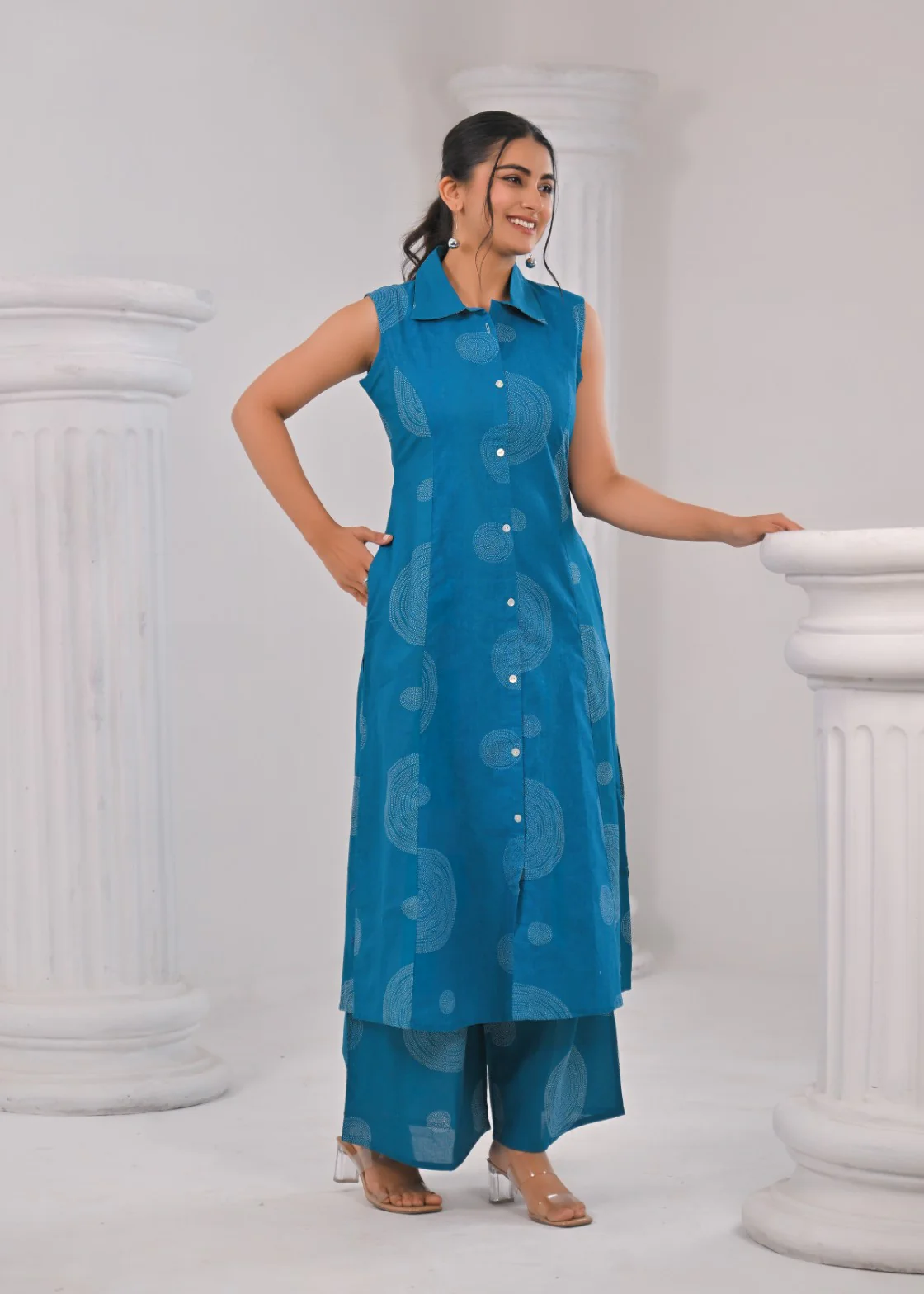 ITI TEAL COTTON KURTA PANT SET - Image 7