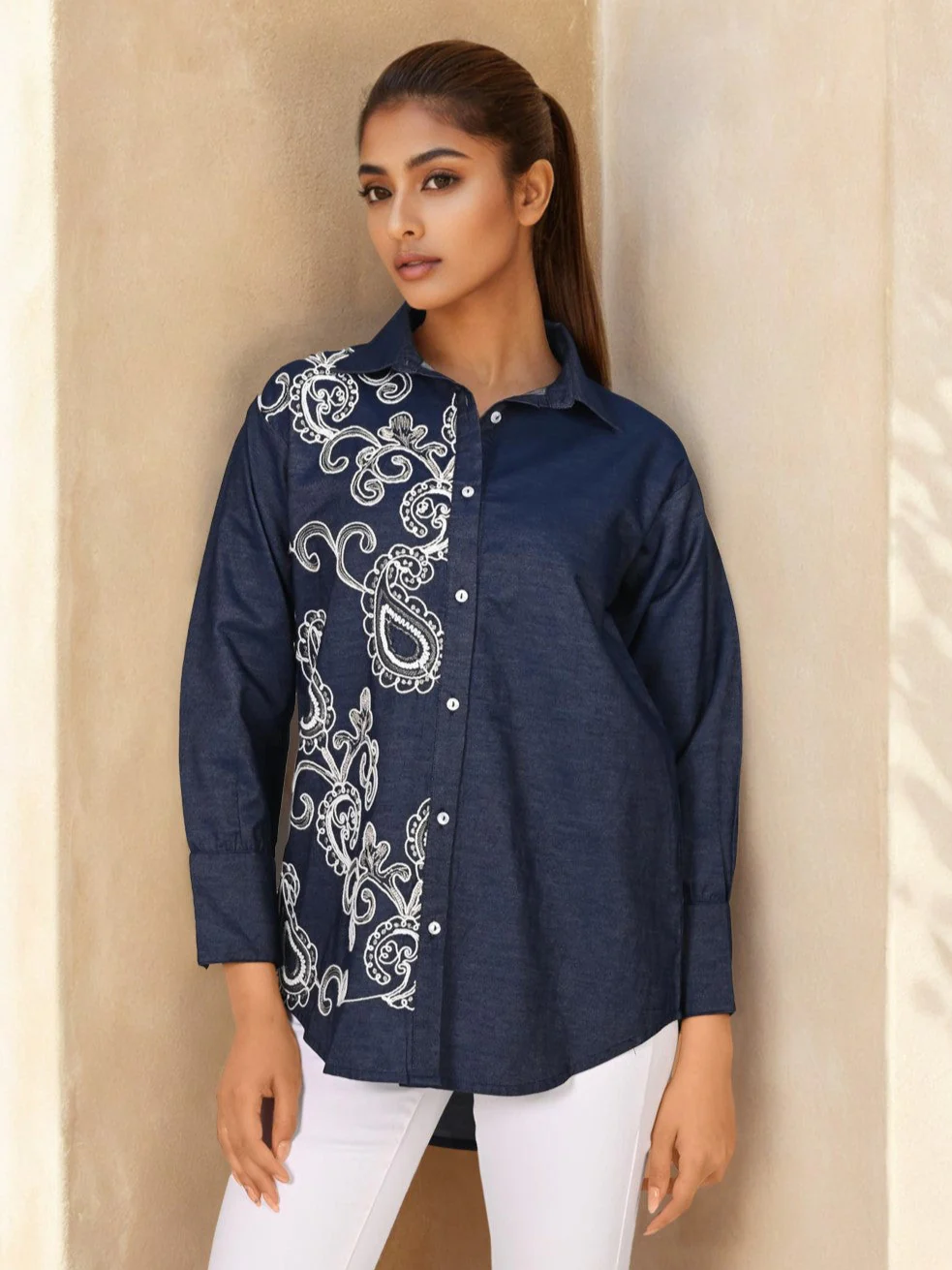 Sharanya hibis Embroidery denim shirt - Image 2