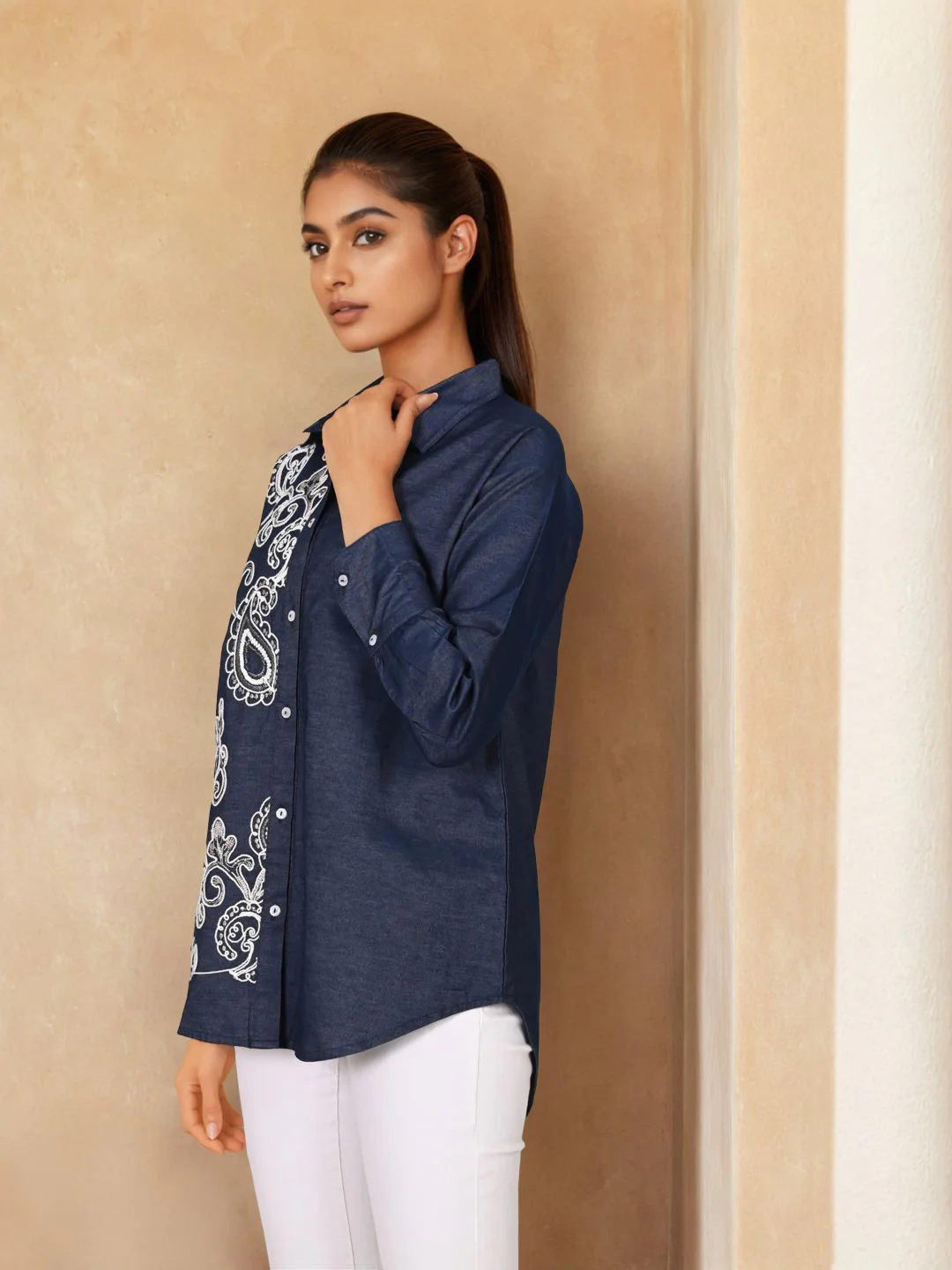 Sharanya hibis Embroidery denim shirt - Image 3