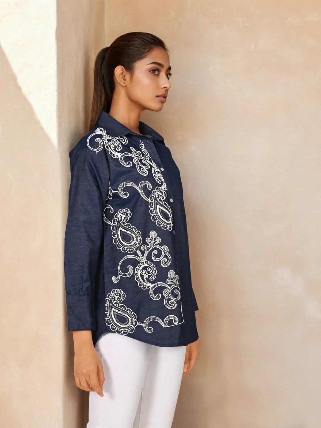 Sharanya hibis Embroidery denim shirt - Image 4