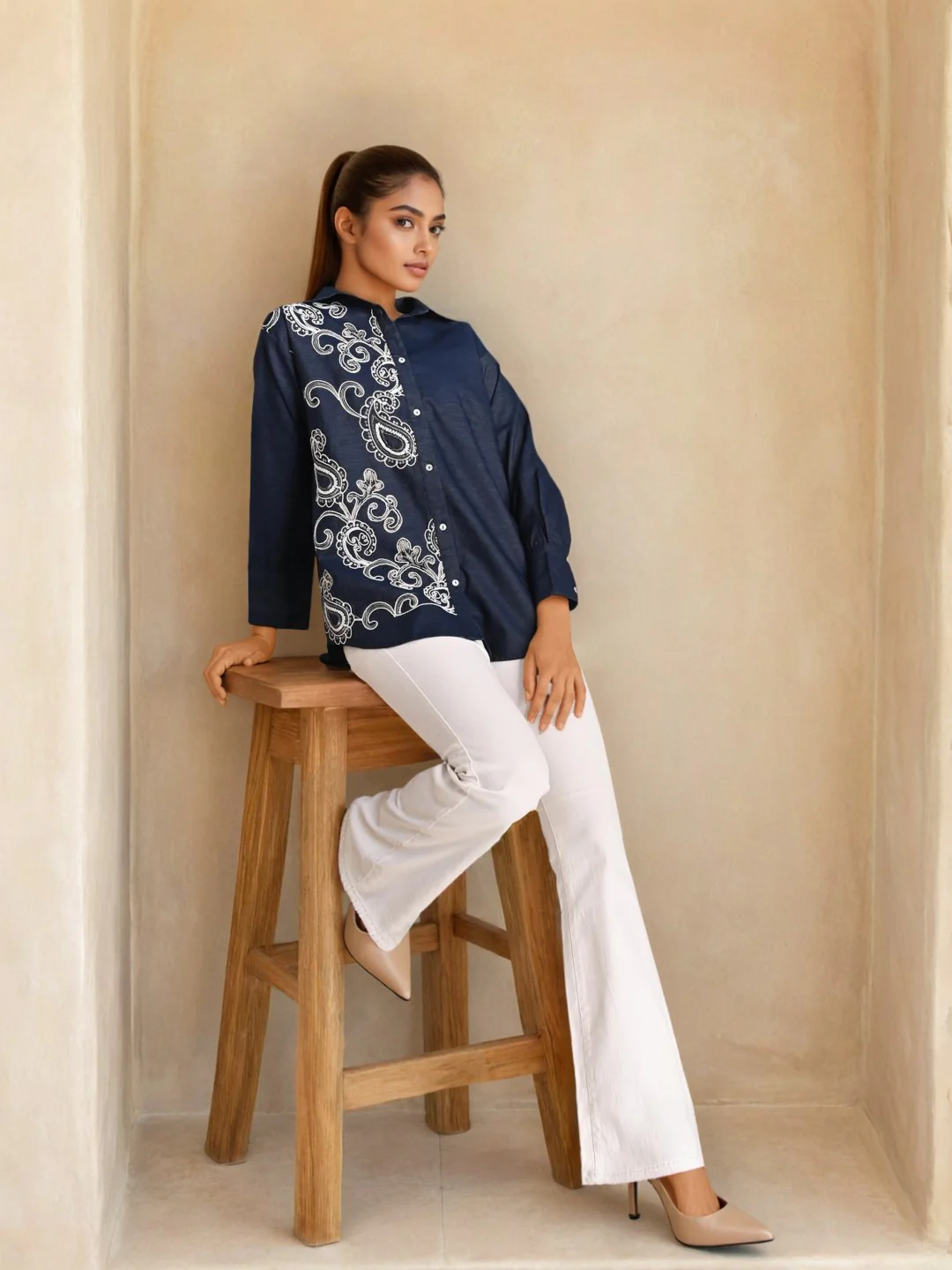 Sharanya hibis Embroidery denim shirt - Image 5