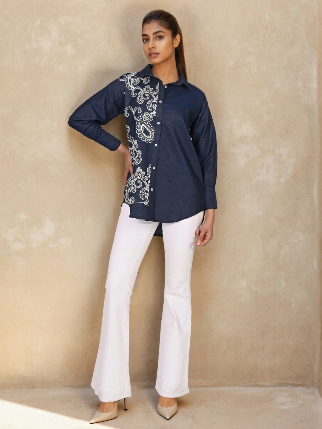 Sharanya hibis Embroidery denim shirt - Image 6