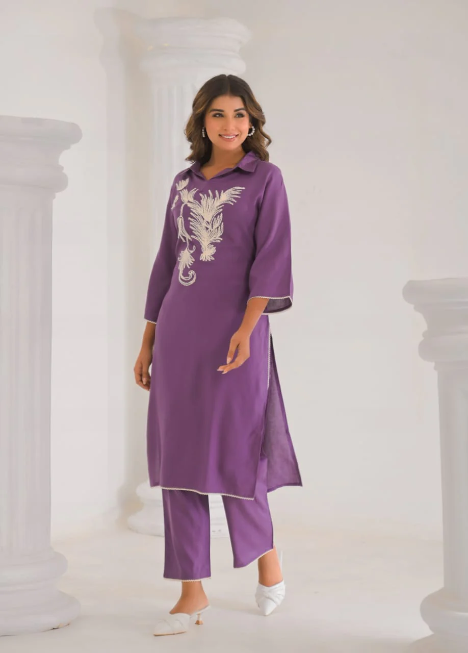 Kara Orchid Embrodiered Kurta Pant Set - Image 3