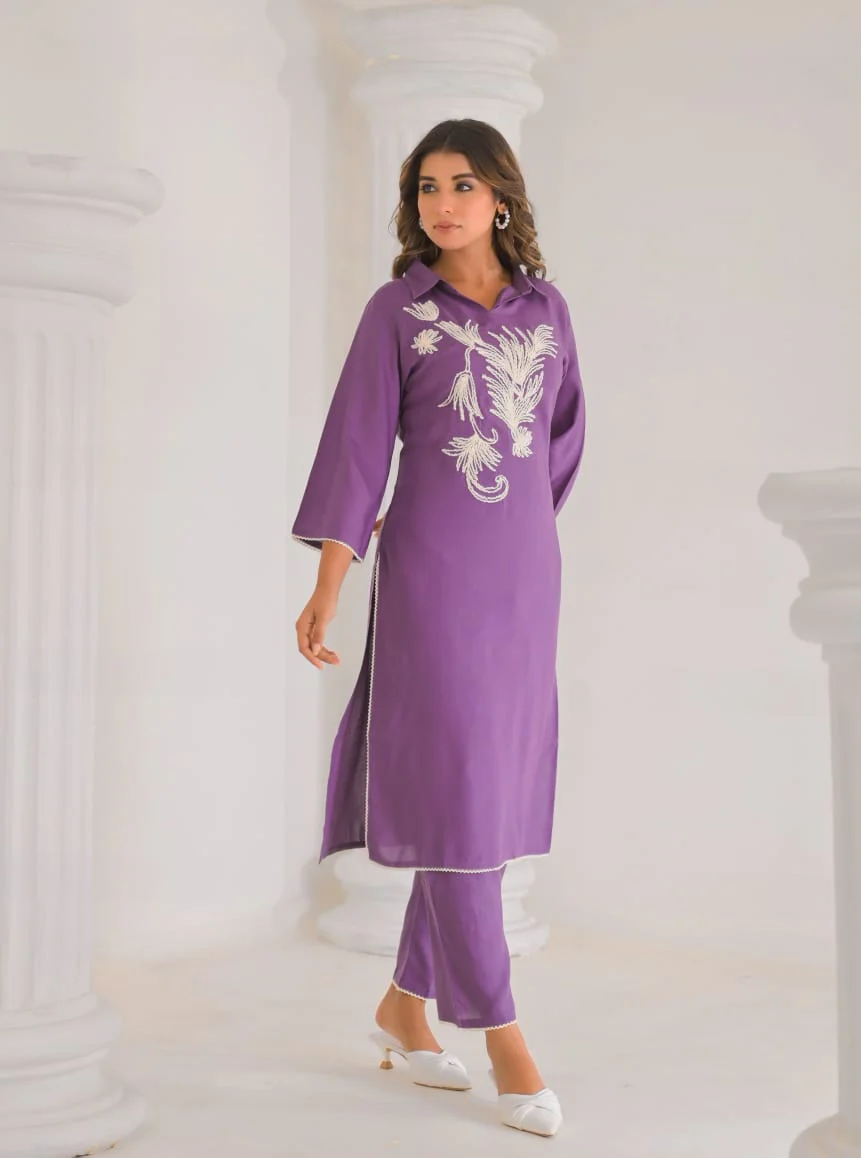Kara Orchid Embrodiered Kurta Pant Set - Image 7