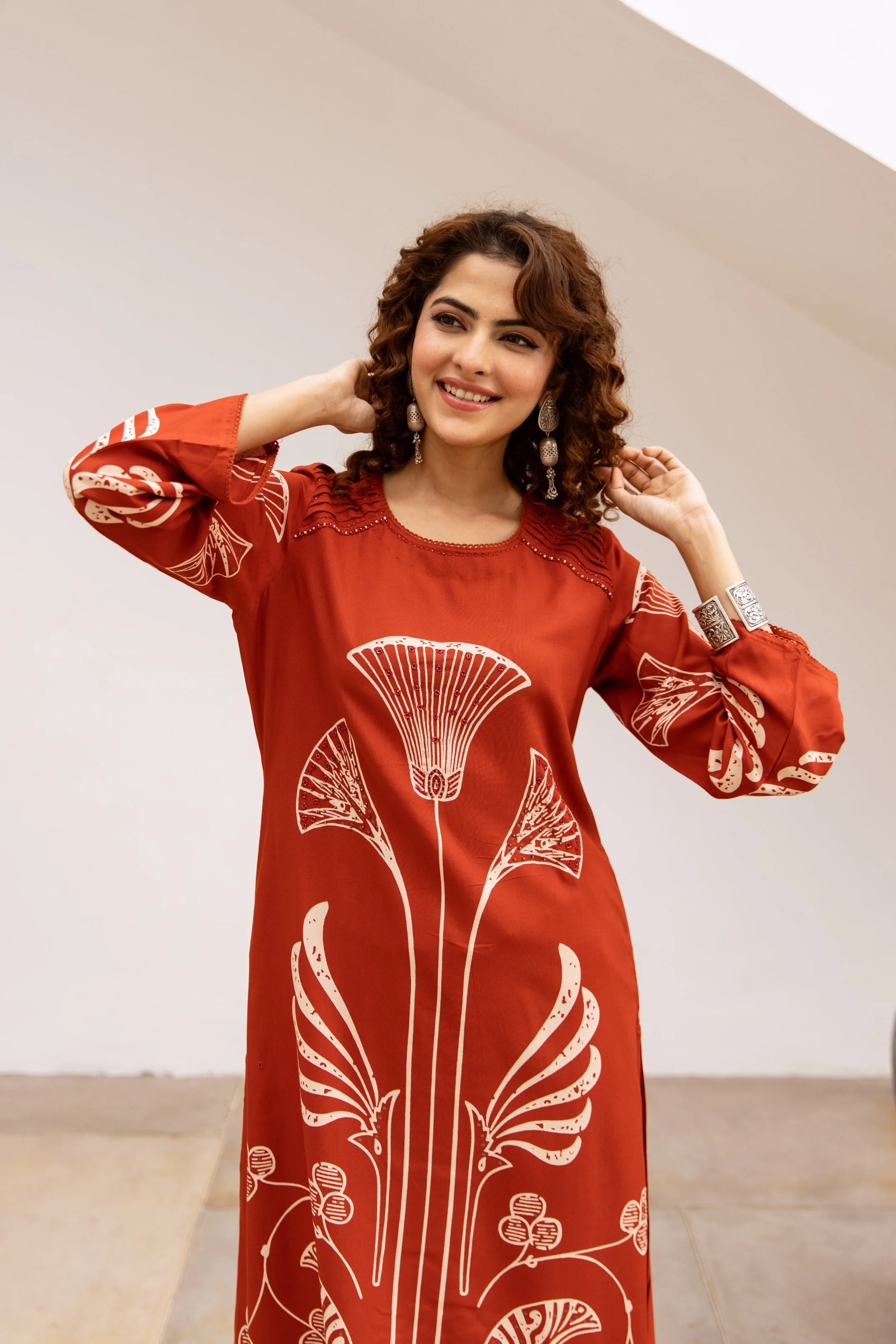 Bakul vermillion printed cotton kurta pant set - Image 2