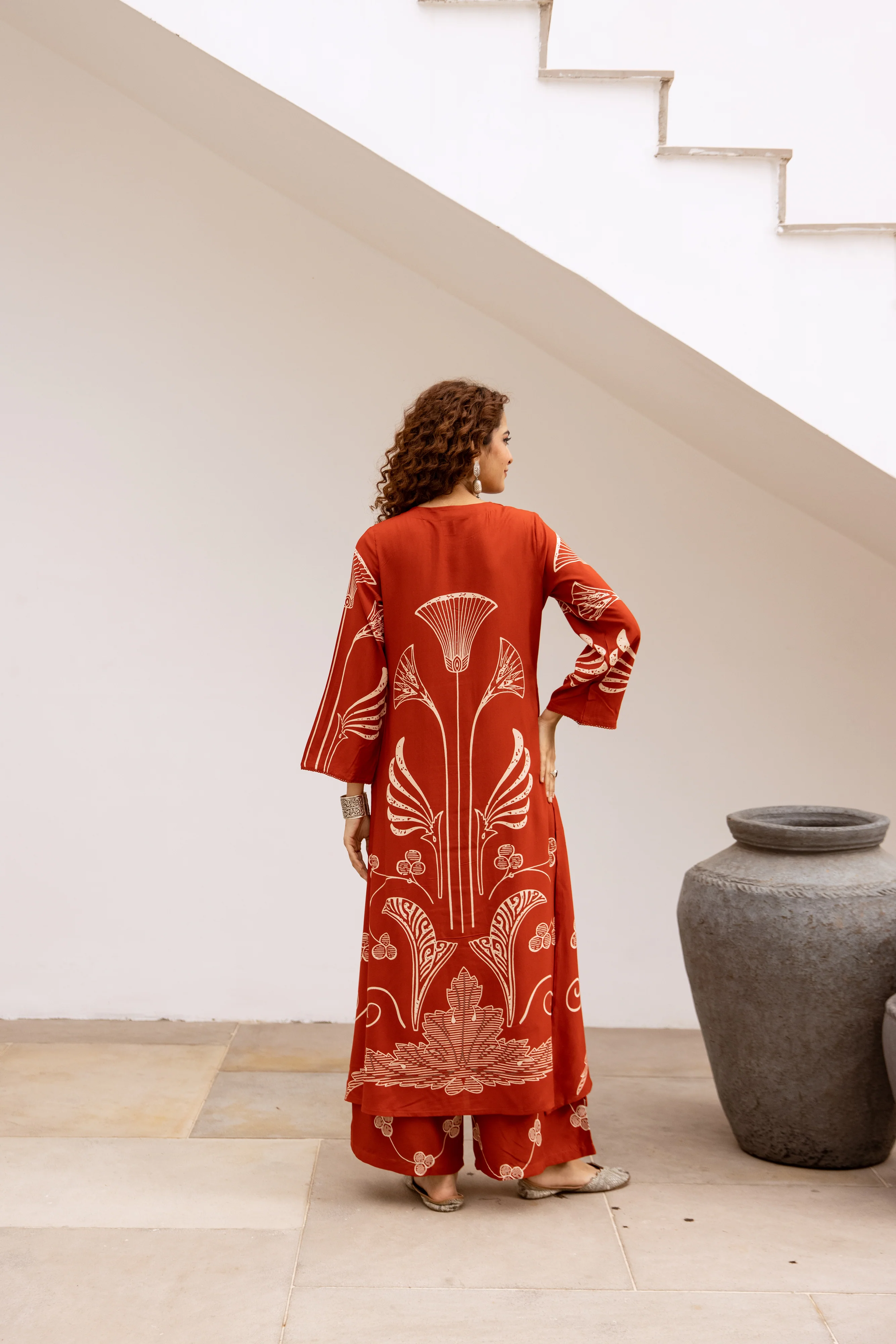 Bakul vermillion printed cotton kurta pant set - Image 3