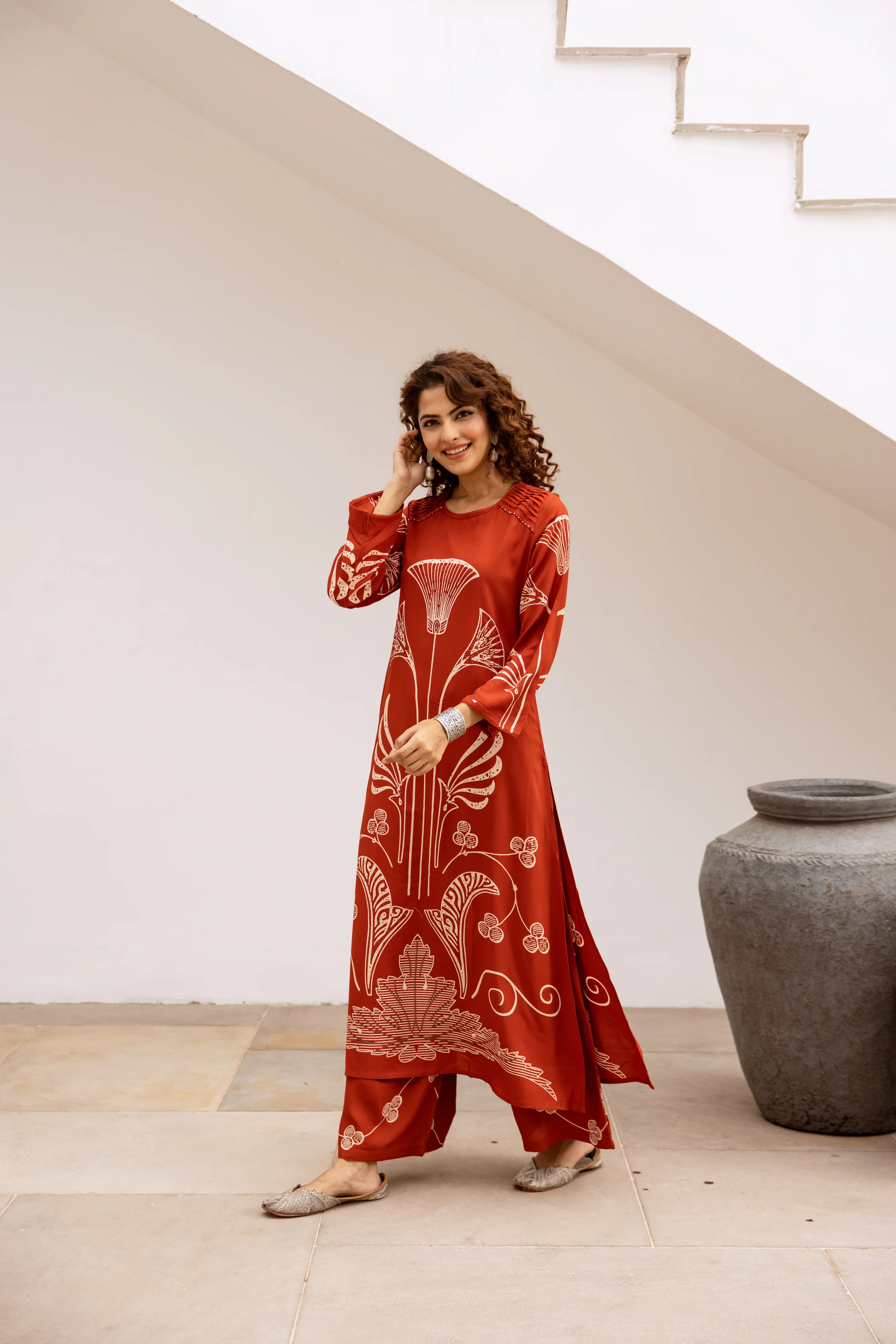Bakul vermillion printed cotton kurta pant set - Image 4