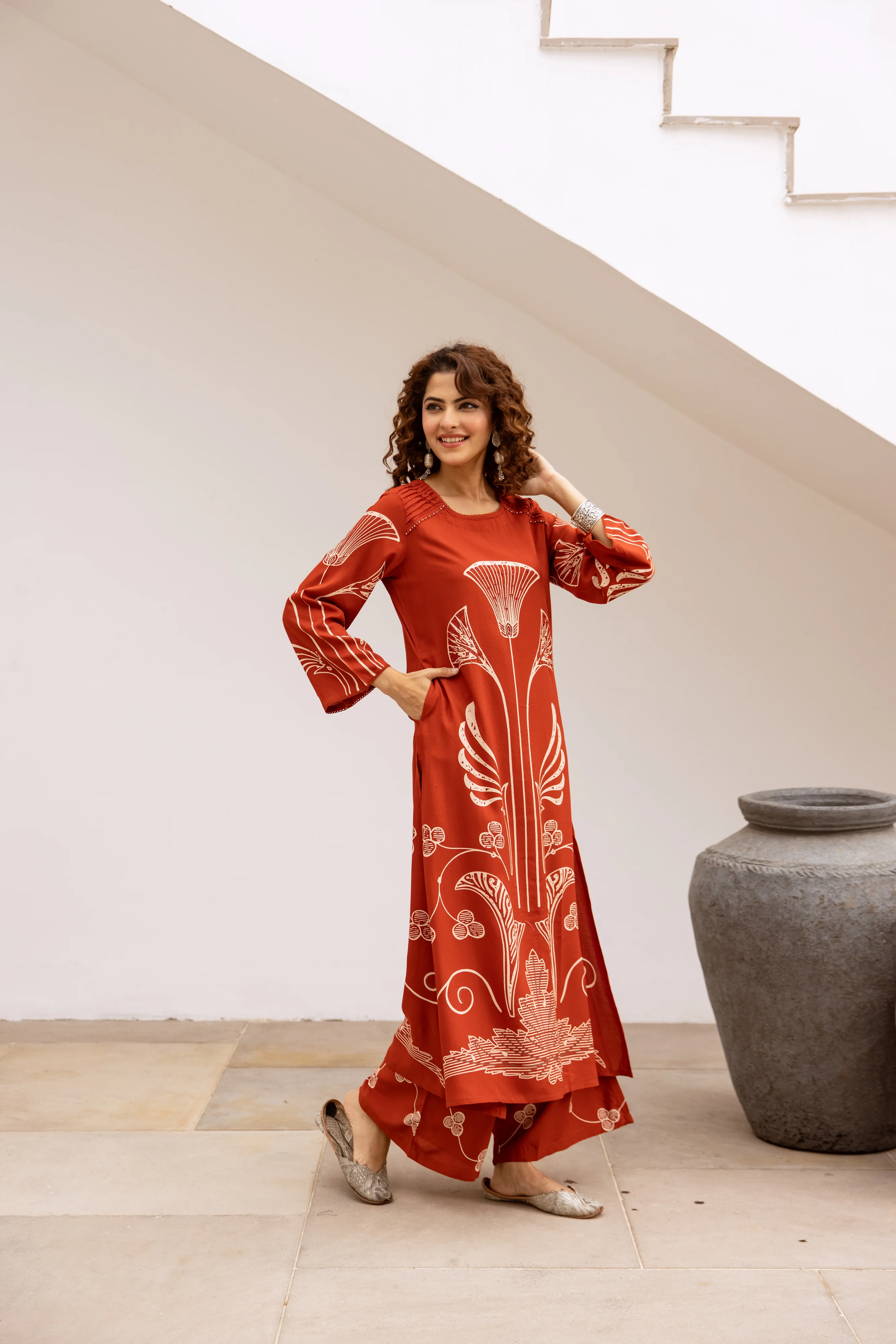 Bakul vermillion printed cotton kurta pant set - Image 5