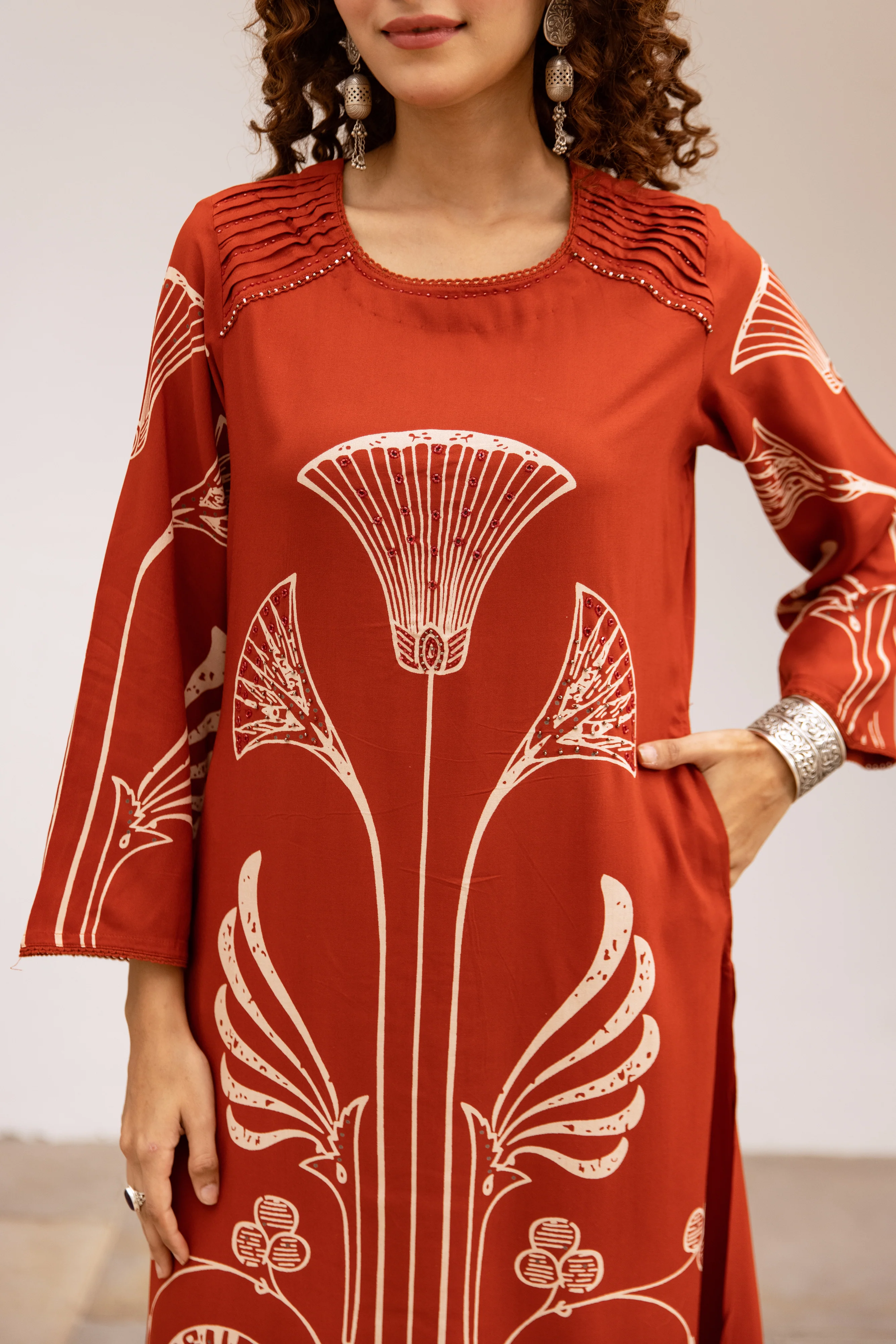 Bakul vermillion printed cotton kurta pant set - Image 6