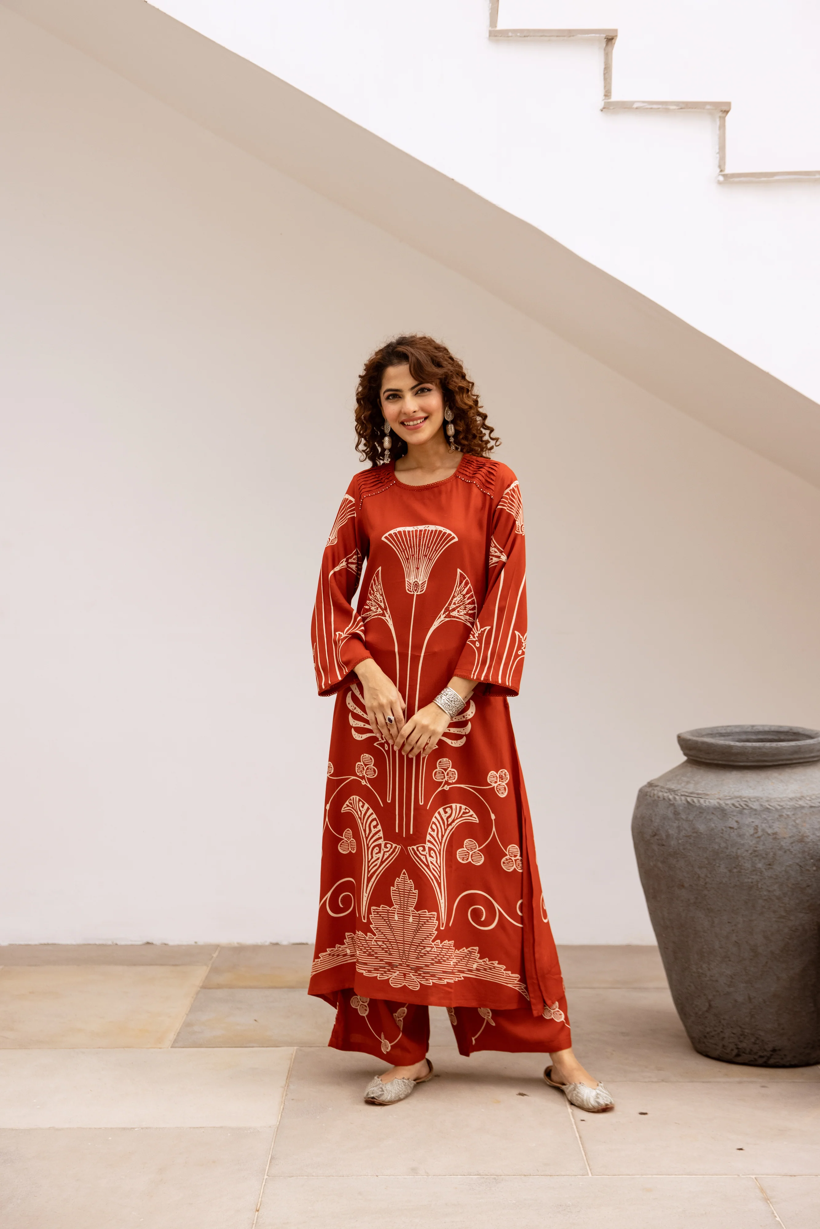 Bakul vermillion printed cotton kurta pant set - Image 7
