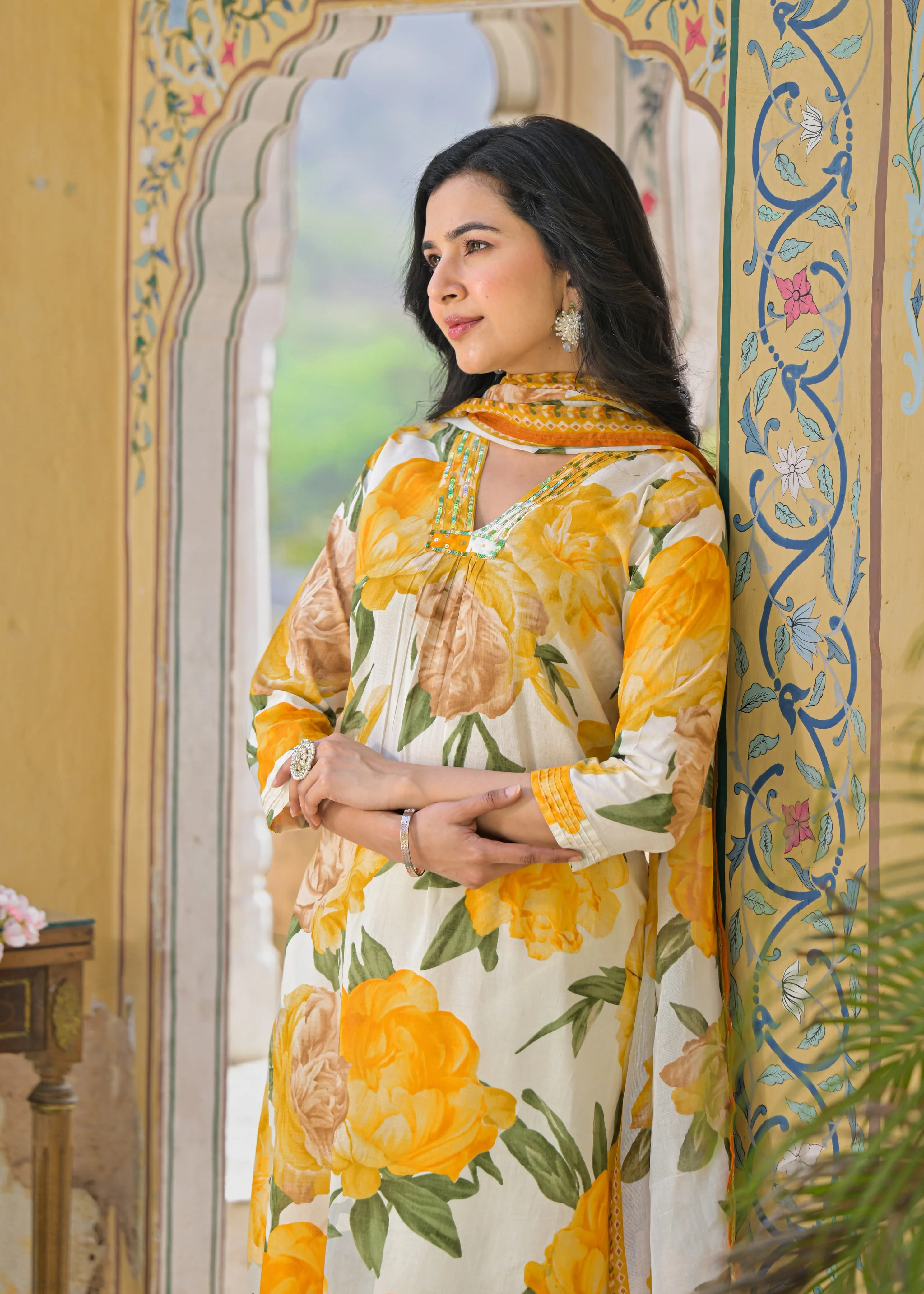 Swarnali Marigold Printed Cotton Suit Set - Image 2