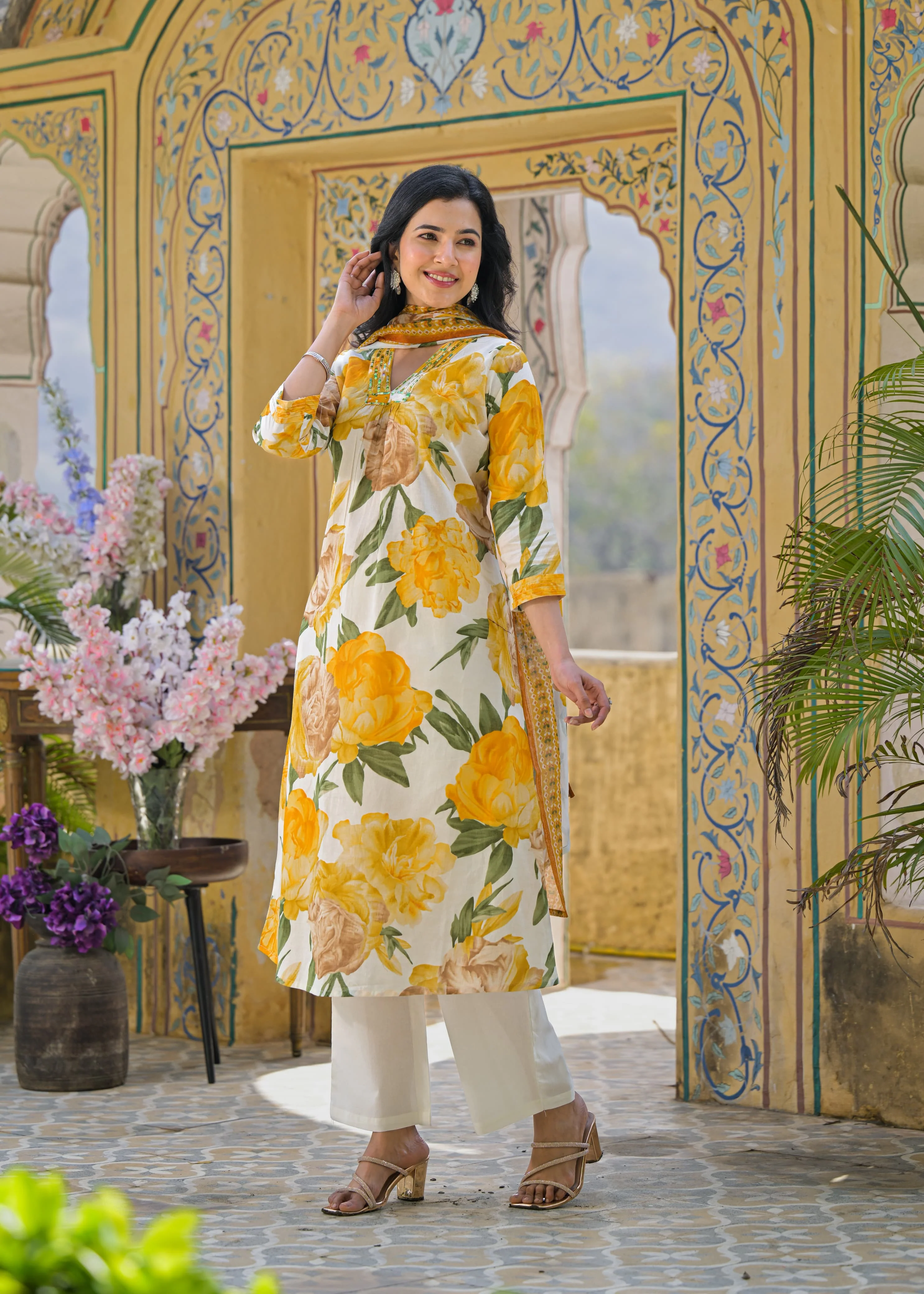 Swarnali Marigold Printed Cotton Suit Set - Image 4