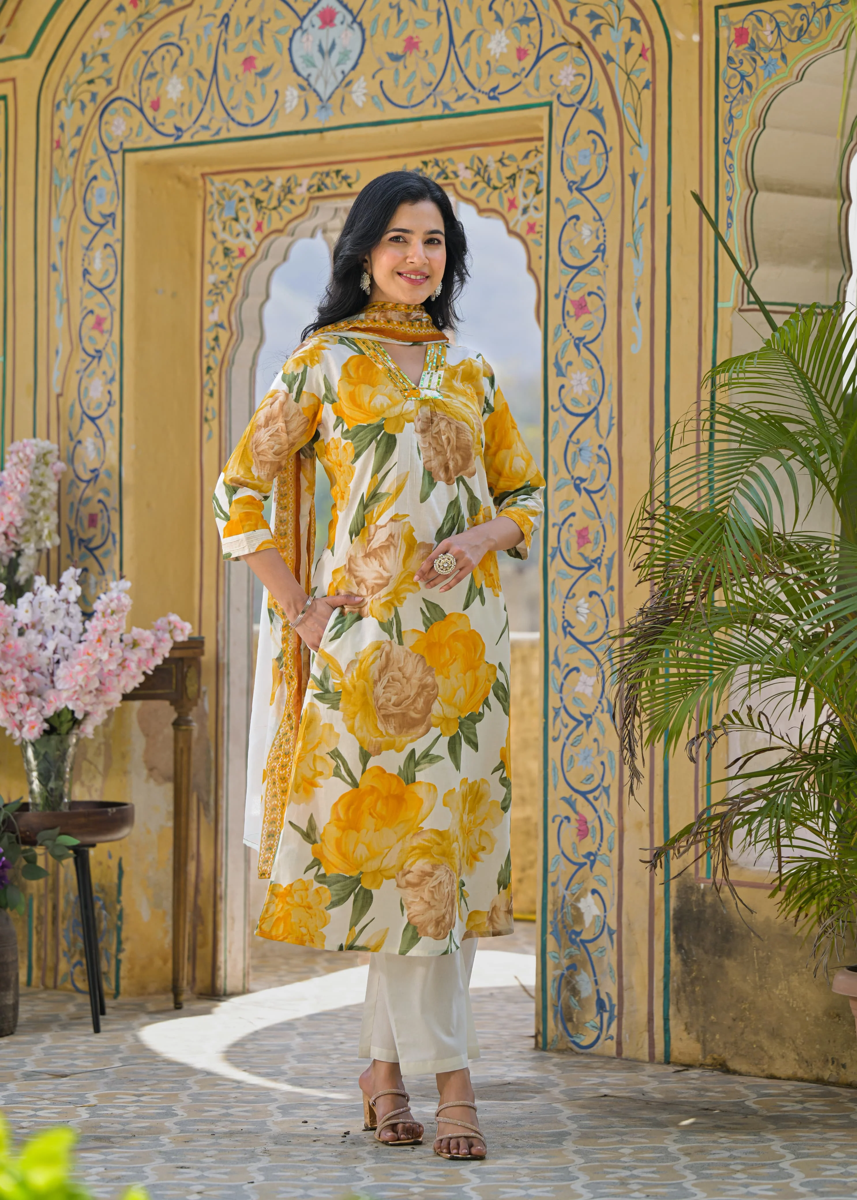 Swarnali Marigold Printed Cotton Suit Set - Image 7