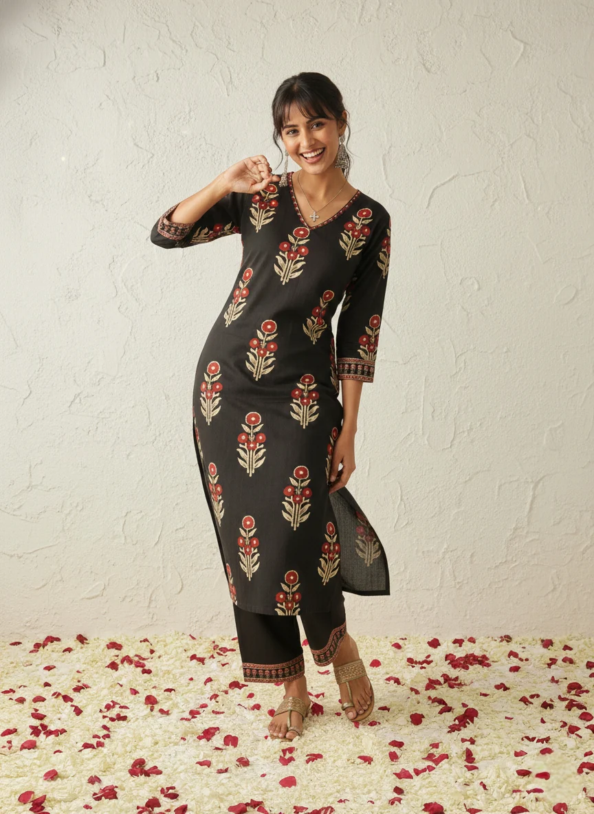 Swades Raven printed cotton kurta pant set - Image 4