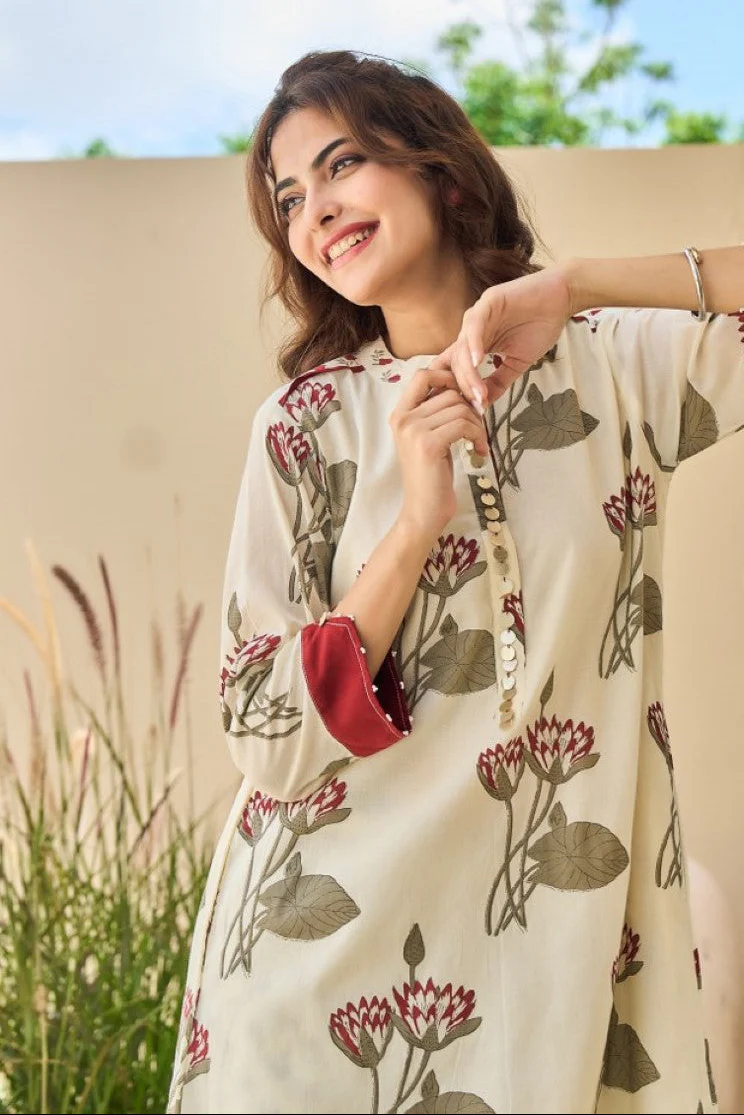 Tatva Cream cotton kurta pant set - Image 2