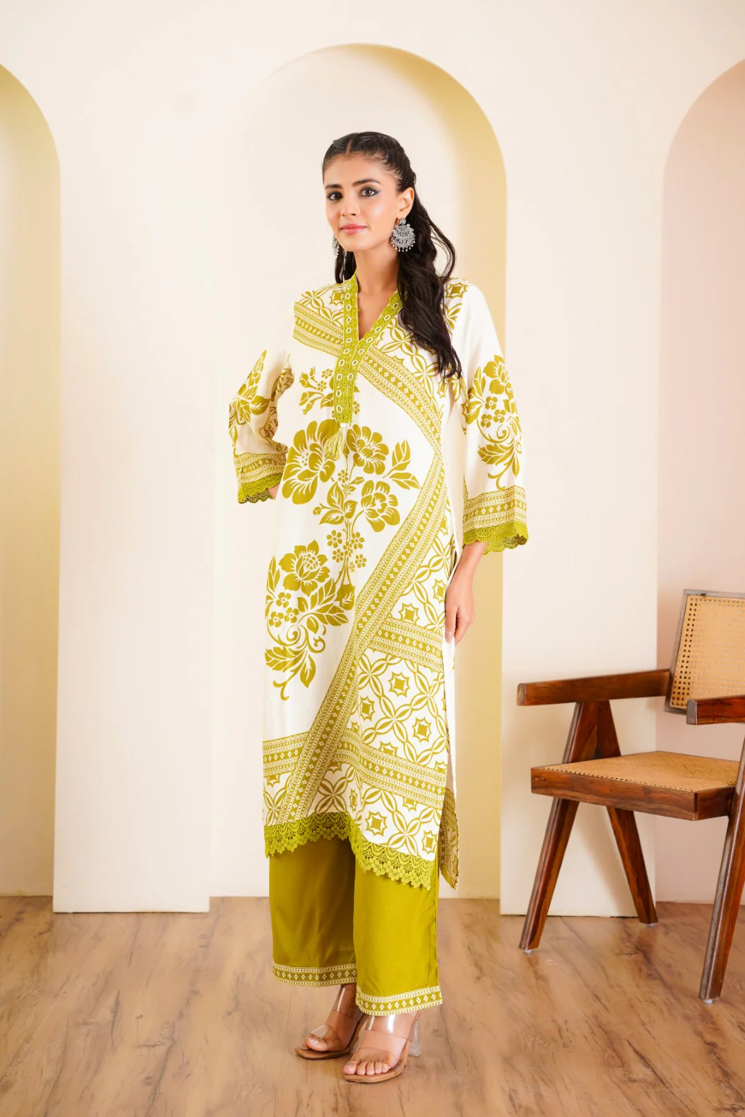 Rabha Olive printed kurta pant set - Image 4