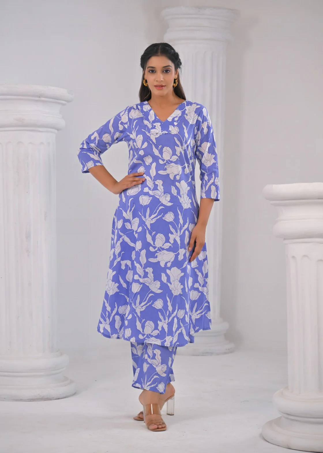 SASHA OCEAN PRINTED COTTON KURTA PANT SET - Image 3