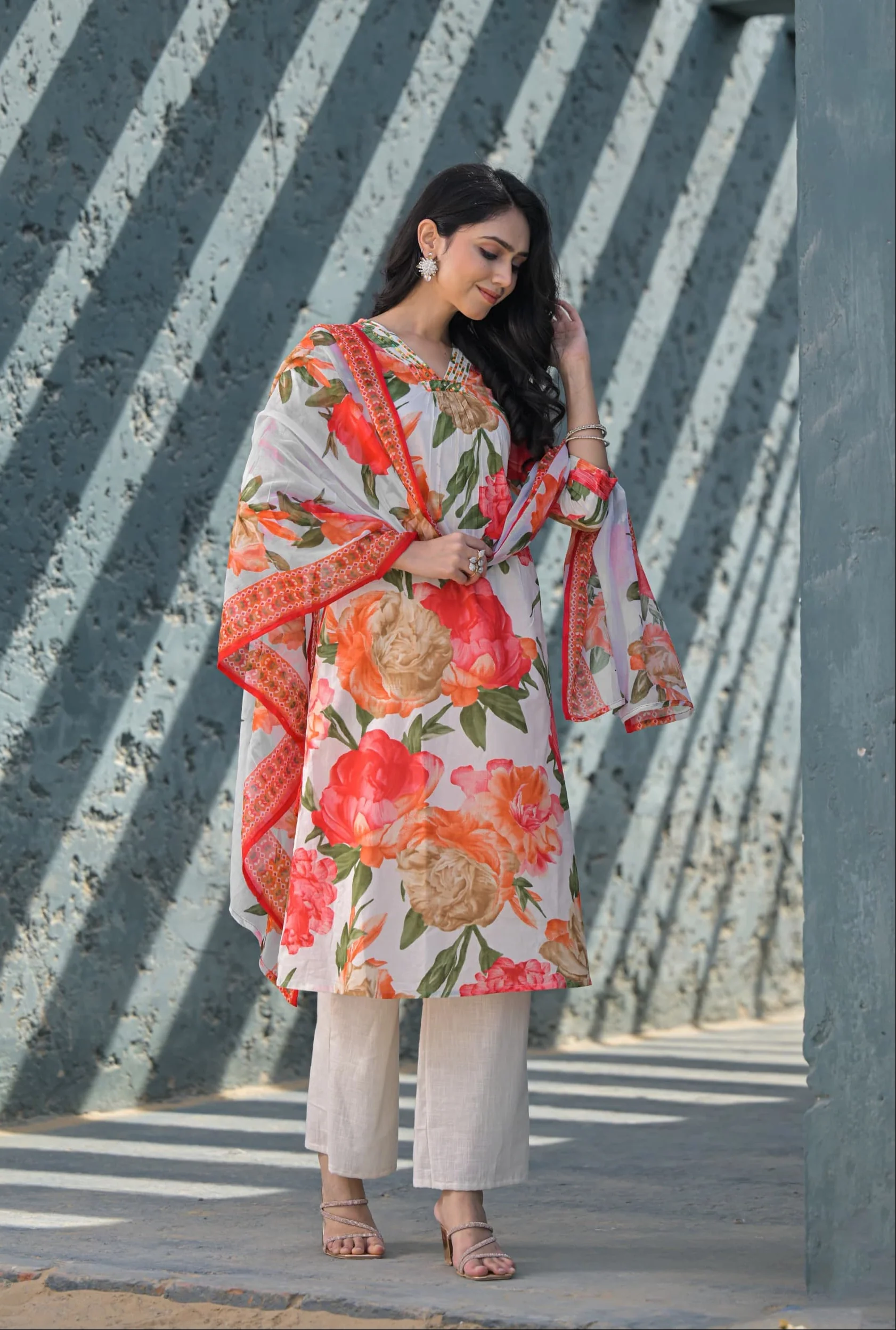 Swarnali Apricot Printed Cotton Suit Set - Image 5