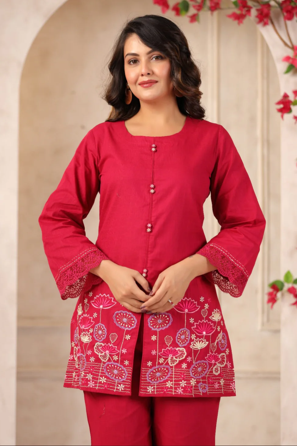 Mahua Carmine embroidery Cotton Co-ord set - Image 2