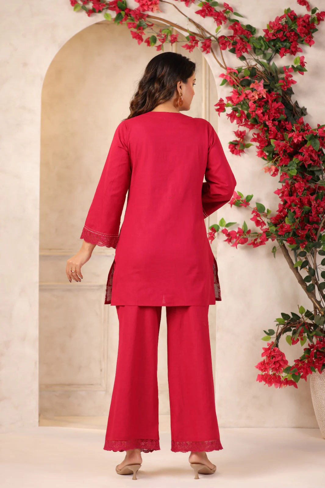 Mahua Carmine embroidery Cotton Co-ord set - Image 3