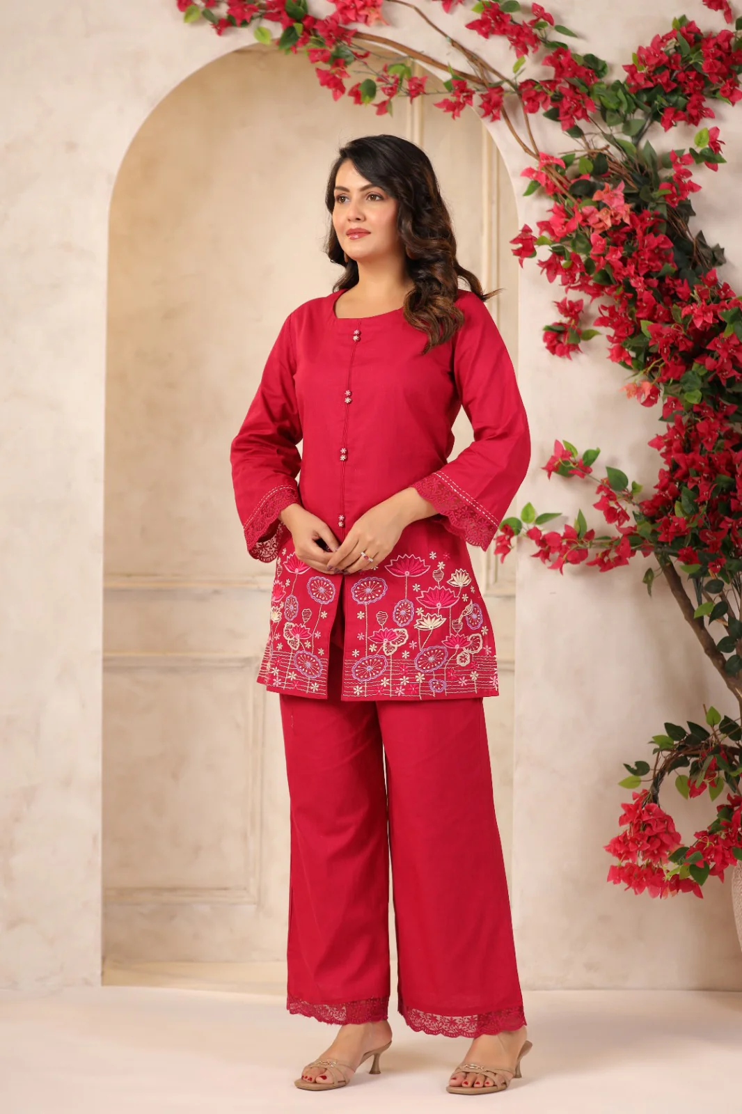 Mahua Carmine embroidery Cotton Co-ord set - Image 5