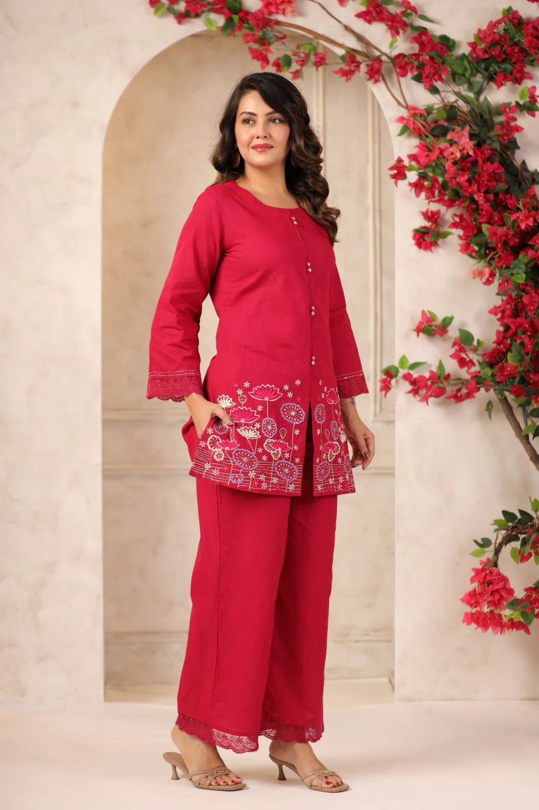 Mahua Carmine embroidery Cotton Co-ord set - Image 7