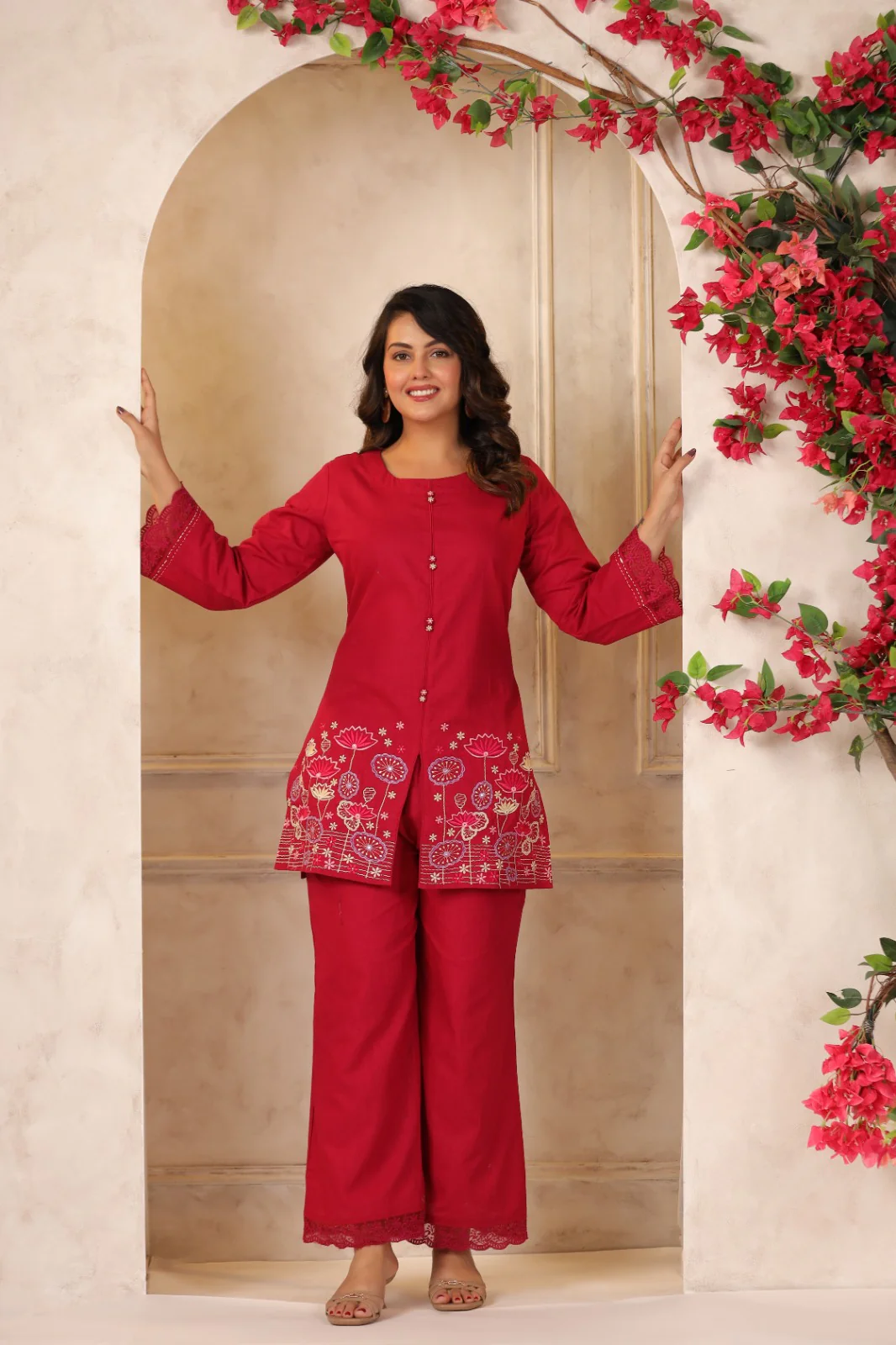 Mahua Carmine embroidery Cotton Co-ord set - Image 8