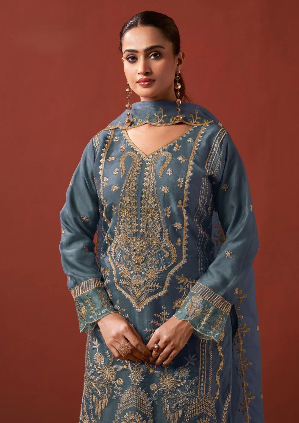 Shamsad slate Full Work lawn suit set - Image 2