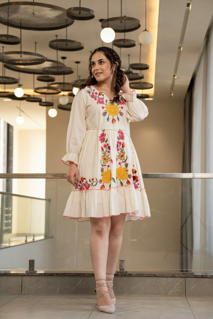 Hemal Marigold embroidered Cotton Dress - Image 3