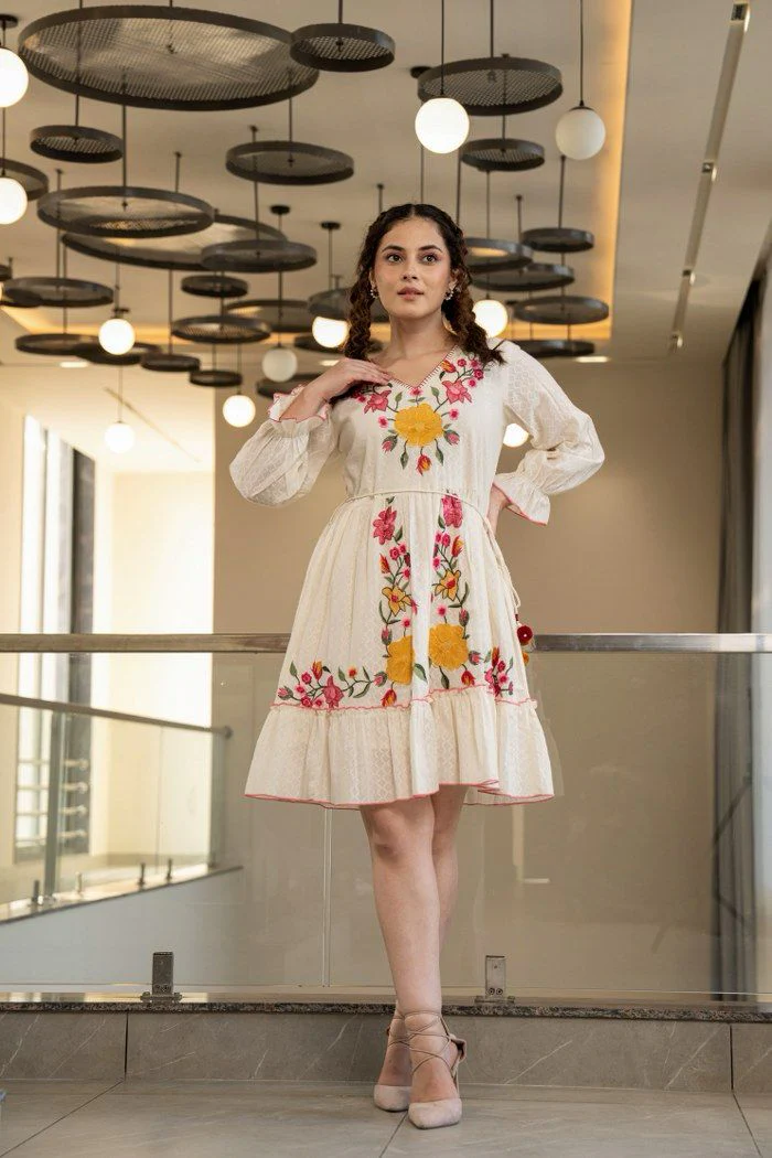 Hemal Marigold embroidered Cotton Dress - Image 4