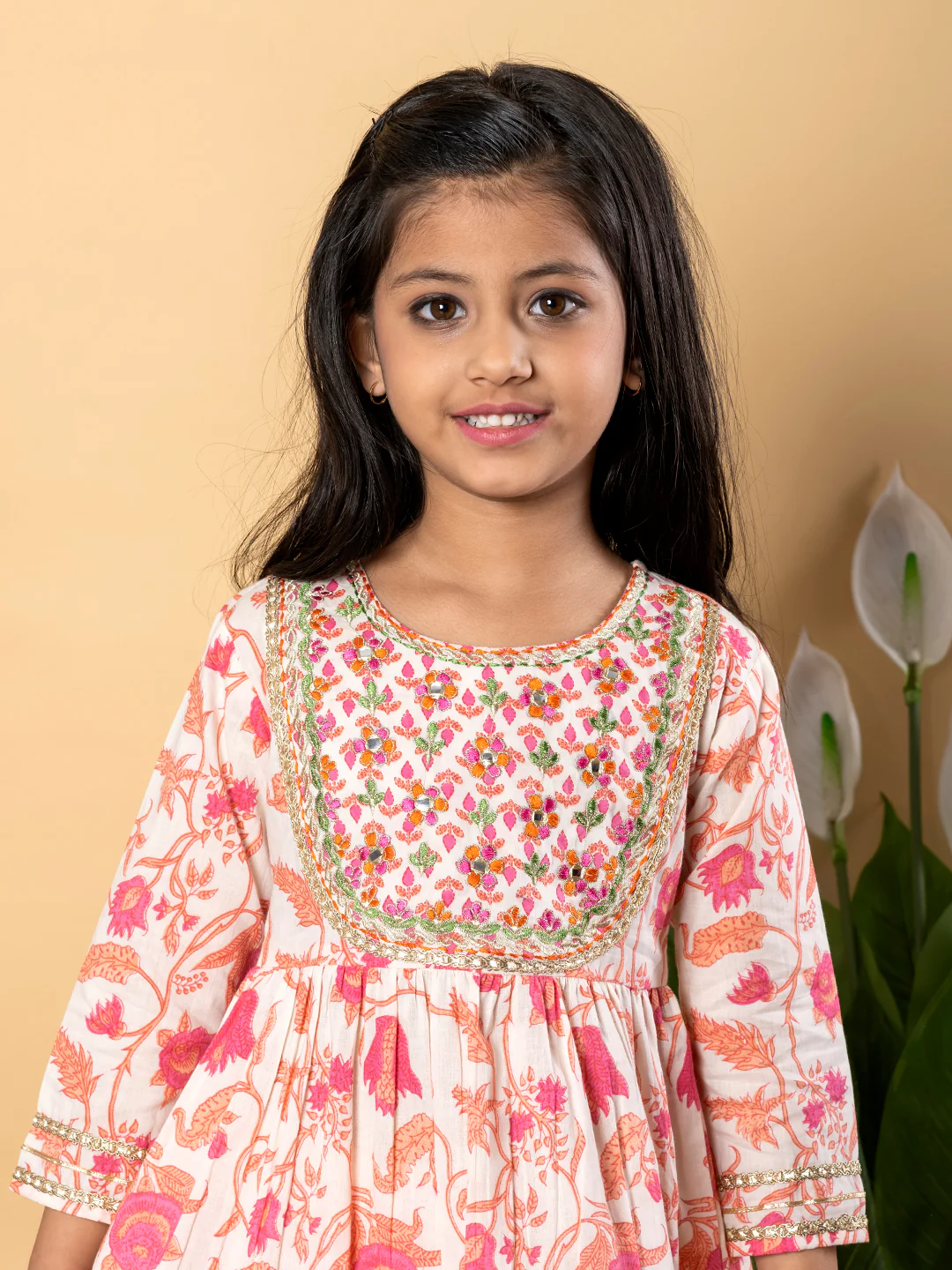 Indra Apricot Kids Cotton Printed Kurta Sharara Set - Image 2
