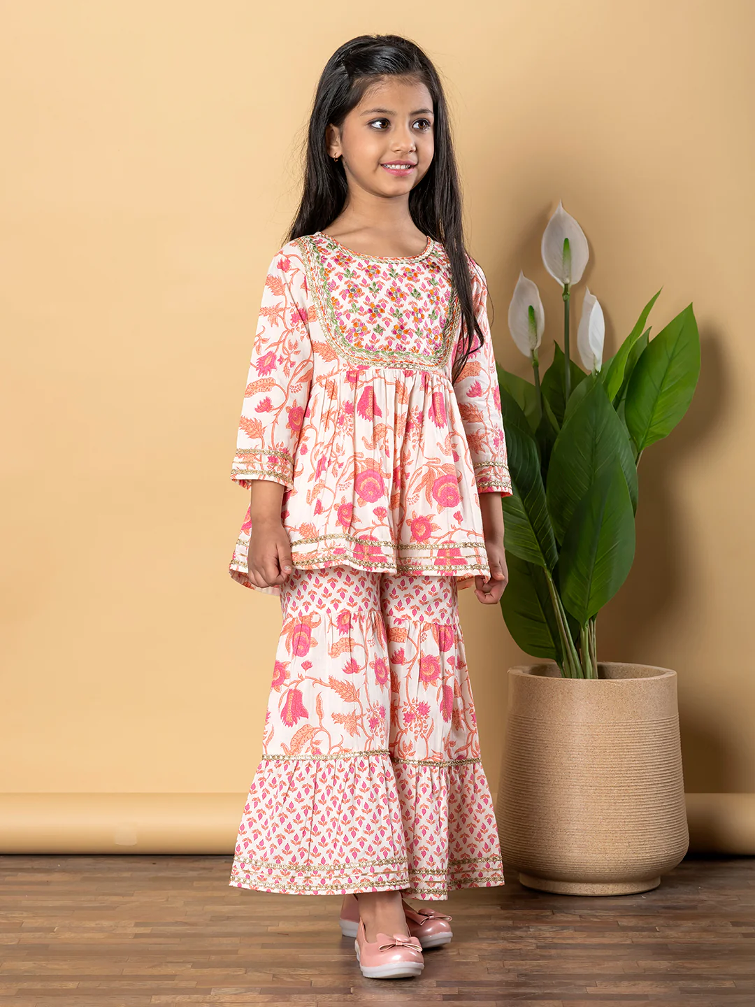 Indra Apricot Kids Cotton Printed Kurta Sharara Set - Image 3