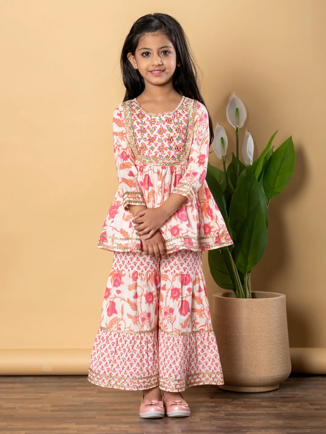 Indra Apricot Kids Cotton Printed Kurta Sharara Set - Image 4