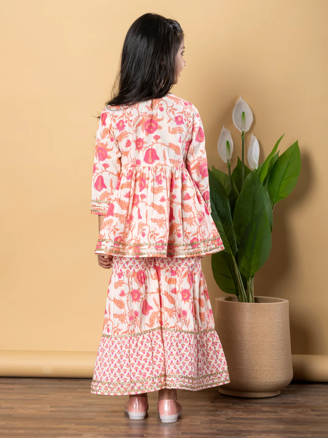 Indra Apricot Kids Cotton Printed Kurta Sharara Set - Image 5