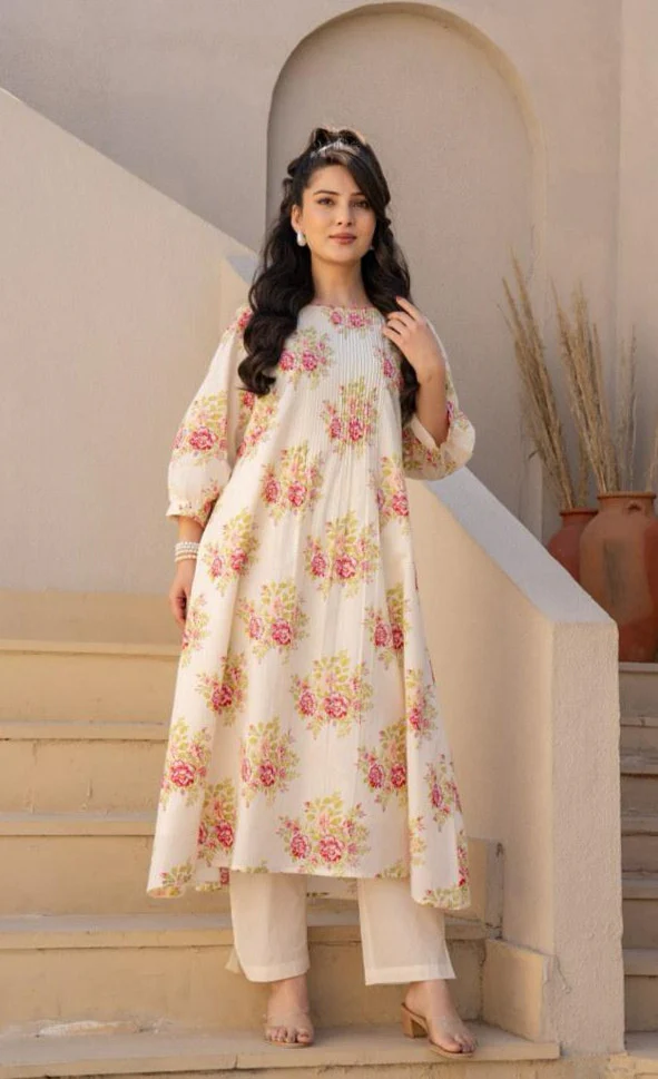 Manjula Caramel Floral Cotton Kurta Pant Set - Image 11