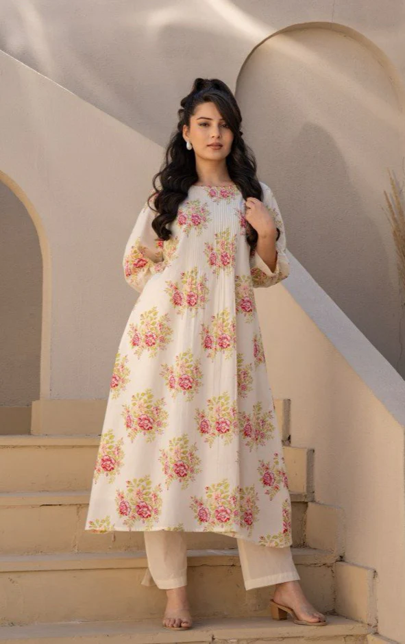 Manjula Caramel Floral Cotton Kurta Pant Set - Image 14