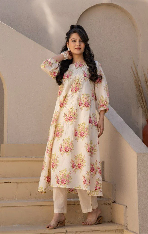 Manjula Caramel Floral Cotton Kurta Pant Set - Image 18