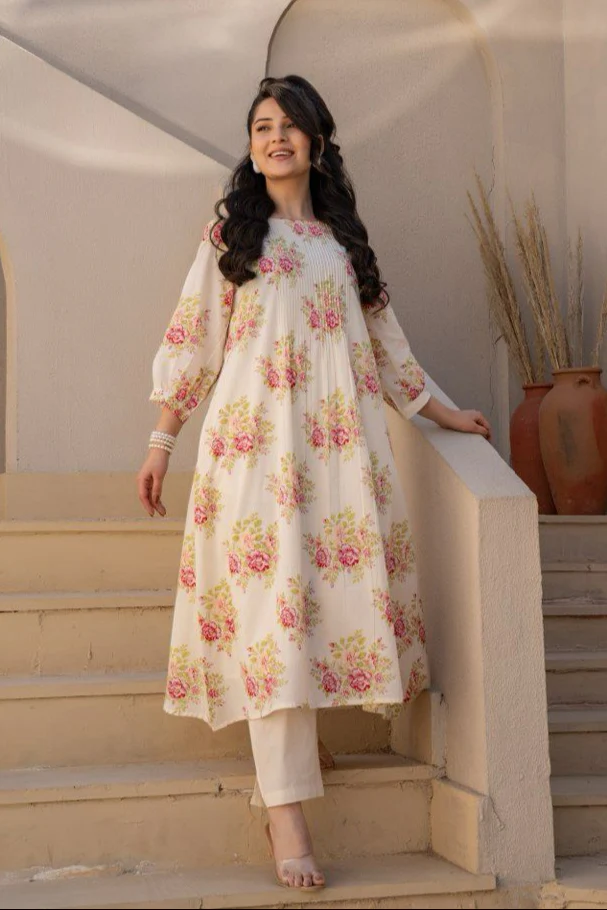 Manjula Caramel Floral Cotton Kurta Pant Set - Image 7